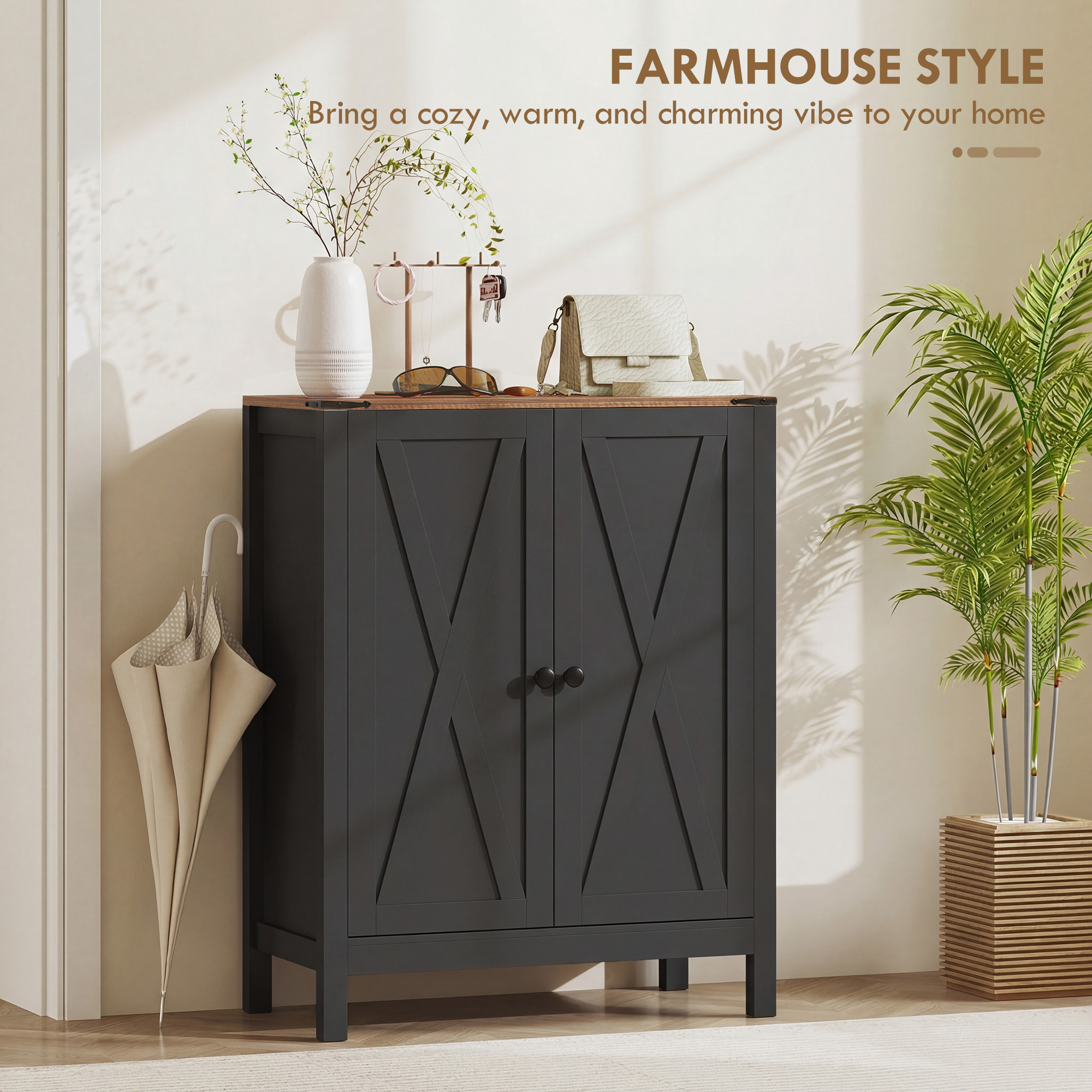 Shoe Cabinet with Barn Doors, Farmhouse Shoe Storage Cabinet with Adjustable Shelves, Holds up to 15 Pairs, Black - Image 2