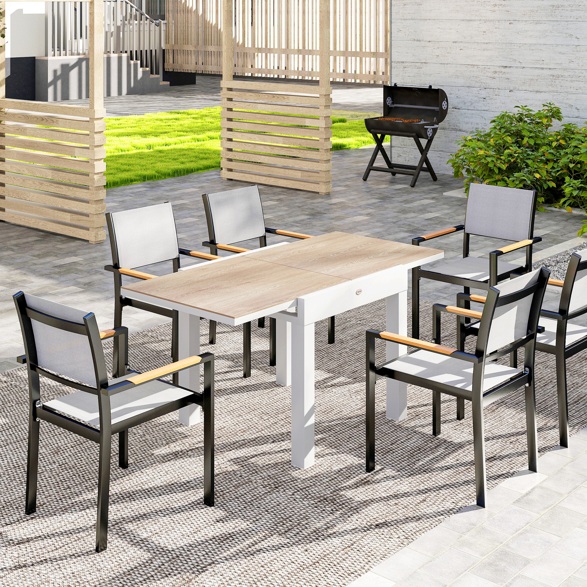 Extendable Patio Dining Table, Aluminum Frame Outdoor Patio Table with Faux Wood Top for Garden Backyard, Natural Wood - Image 6
