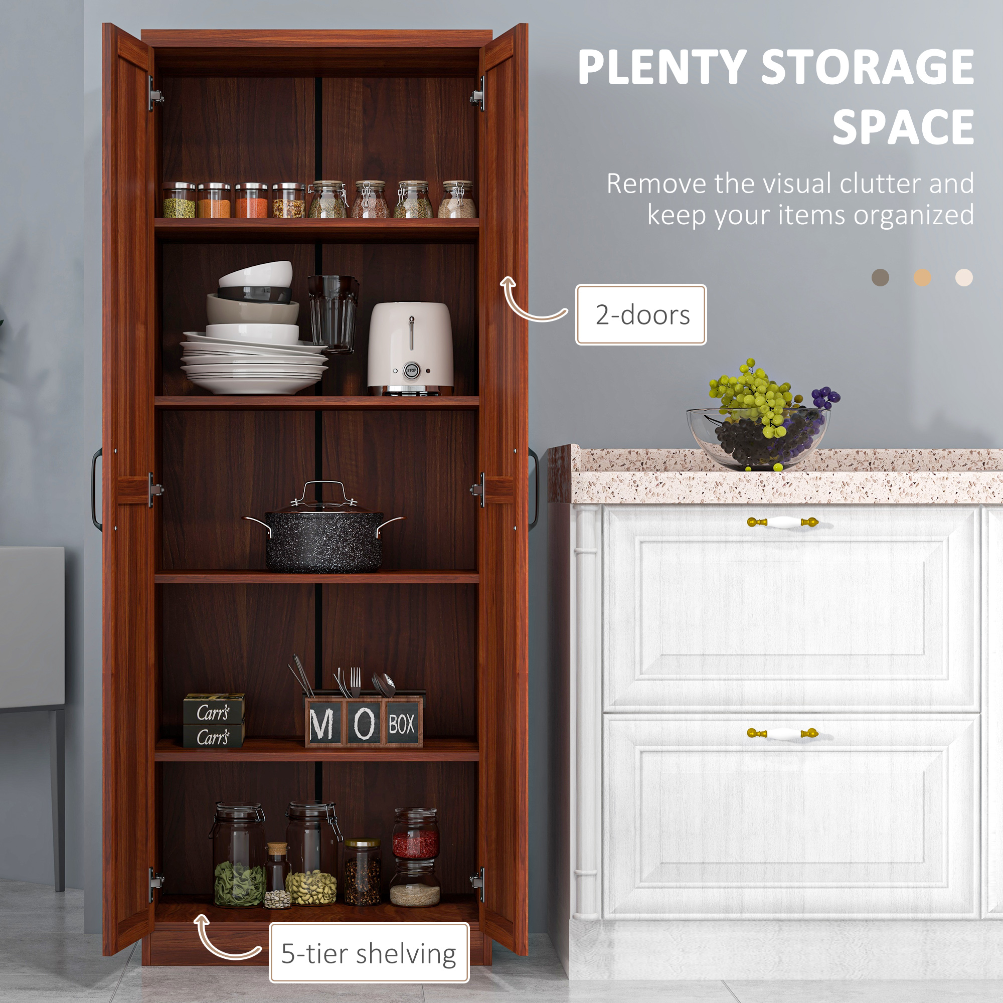 63" Kitchen Storage Cabinet, 5-tier Pantry Cabinet with Doors and Adjustable Shelves for Dining Room, Tan - Image 2