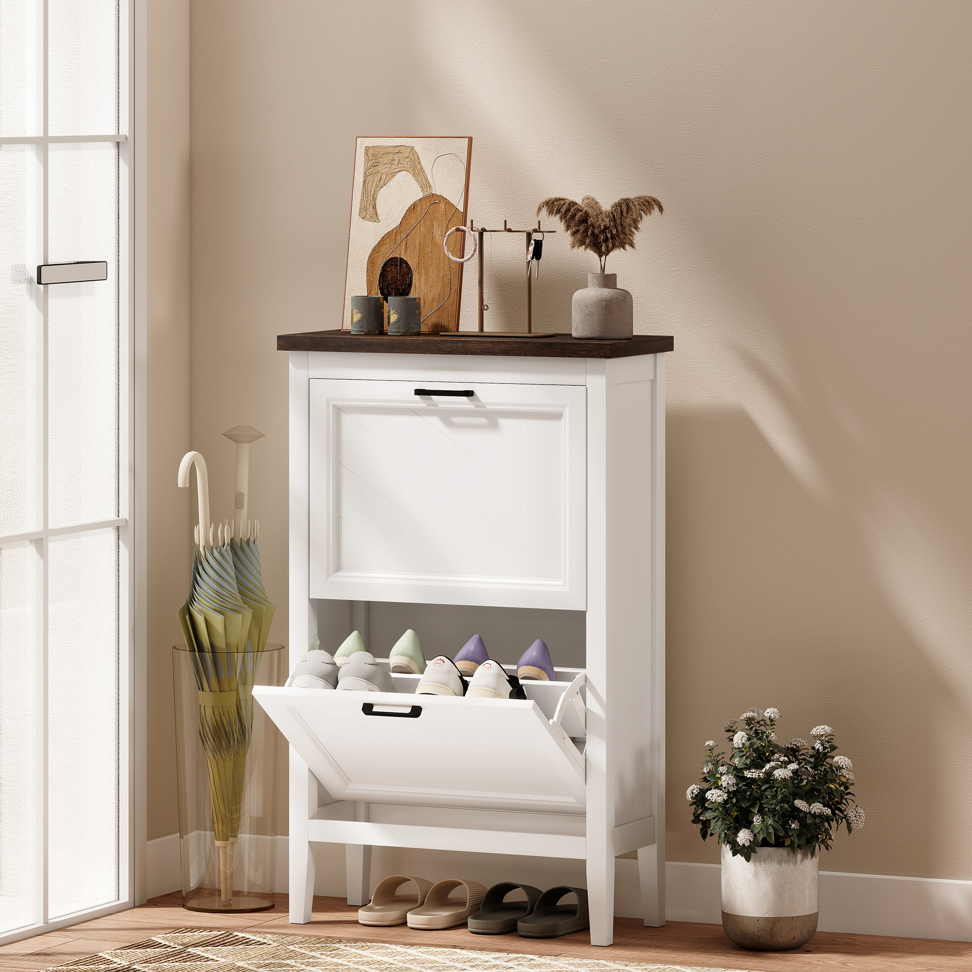Shoe Cabinet with 2 Flip Drawers, Farmhouse Narrow Shoe Storage Cabinet with Adjustable Shelves, White - Image 6
