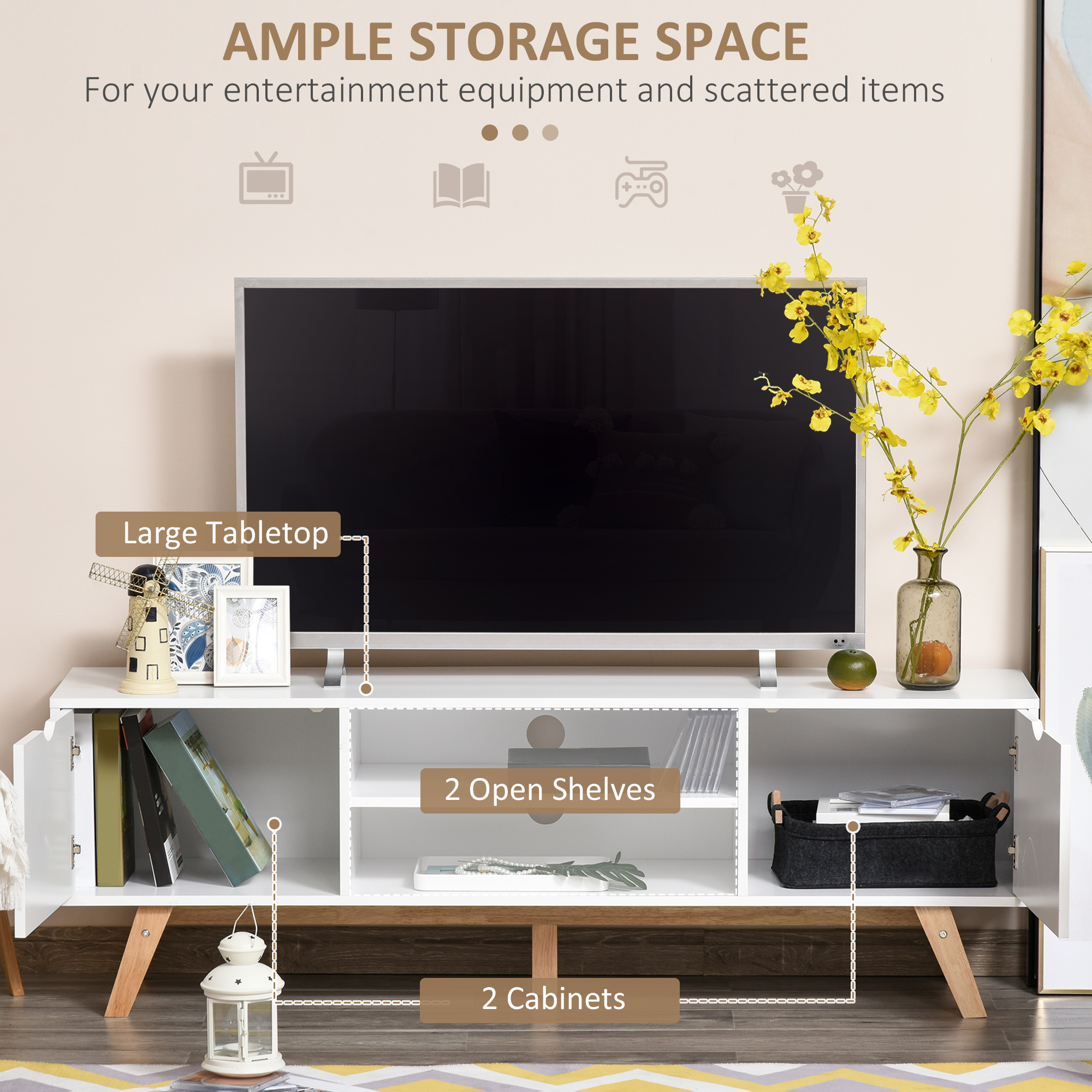 Modern Wooden TV Stand with 2 Storage Cabinet Stand for TV's up to 65" for Living Room Office, Storage Entertainment Center, White - Image 3