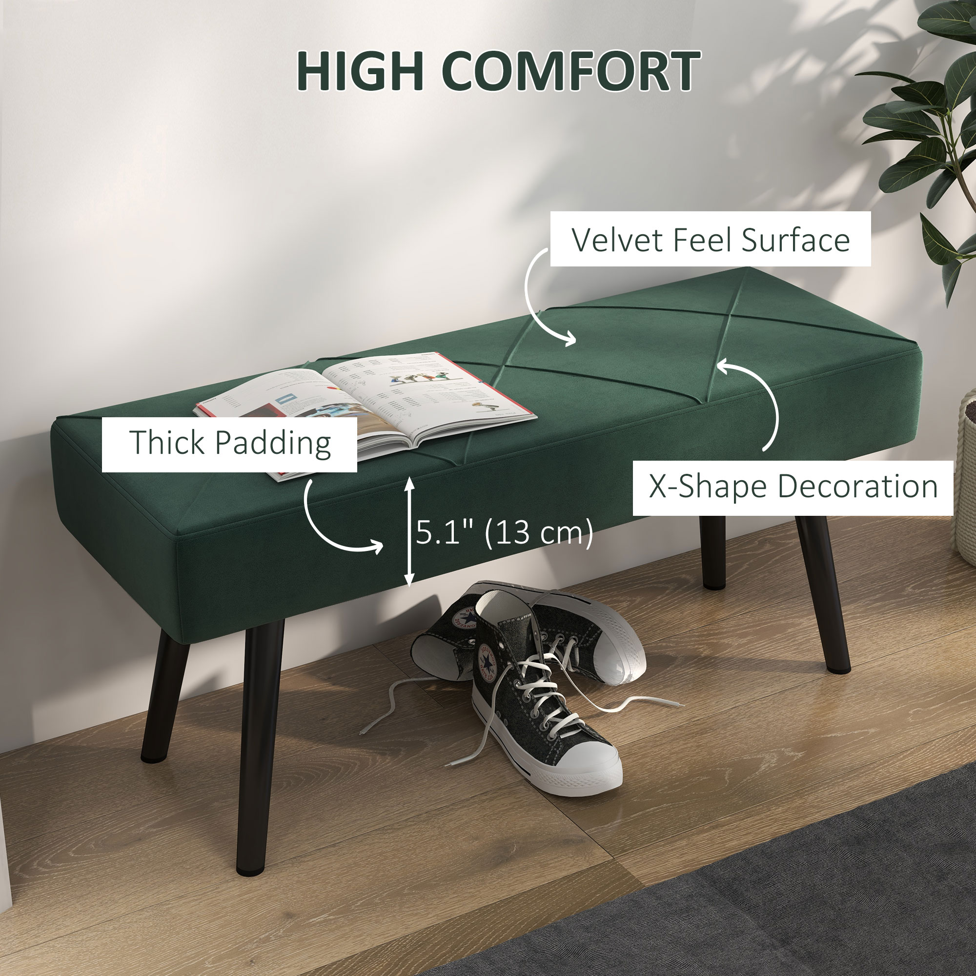 39 Inches Upholstered Bedroom Bench, Modern End of Bed Bench with Steel Legs, Green - Image 2