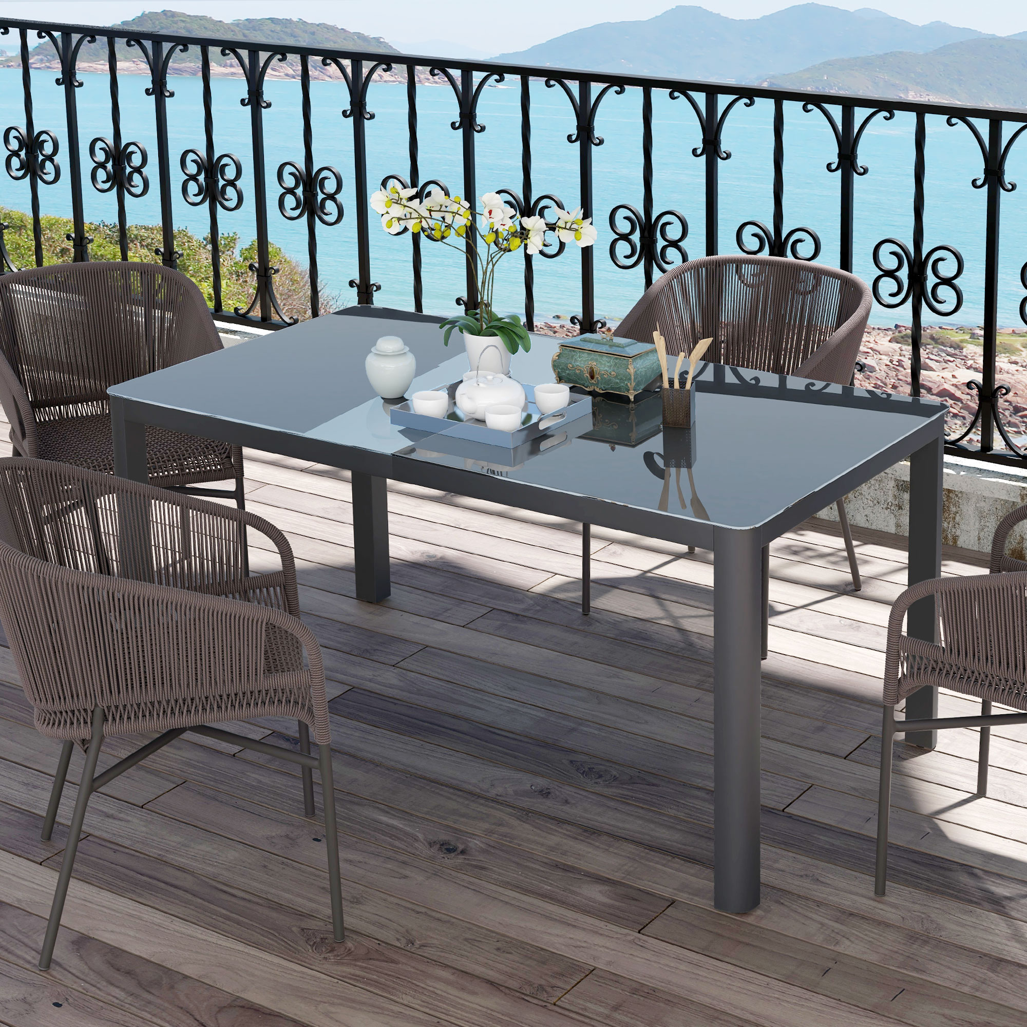 59" x 35" Aluminium Outdoor Dining Table for 6, with Glass Tabletop, Grey - Image 6