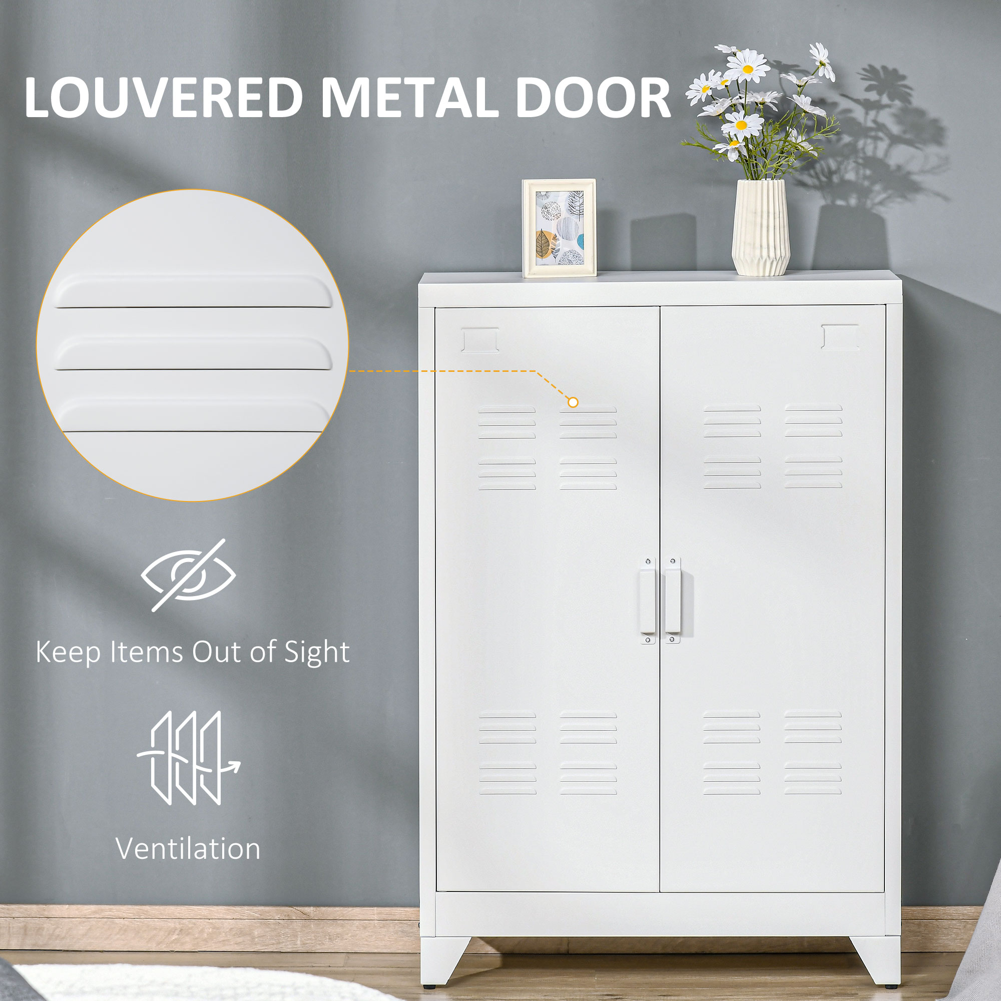 Metal Storage Cabinet, Industrial Sideboard Buffet Cabinet with 2 Louvered Doors, Adjustable Shelves, White - Image 3
