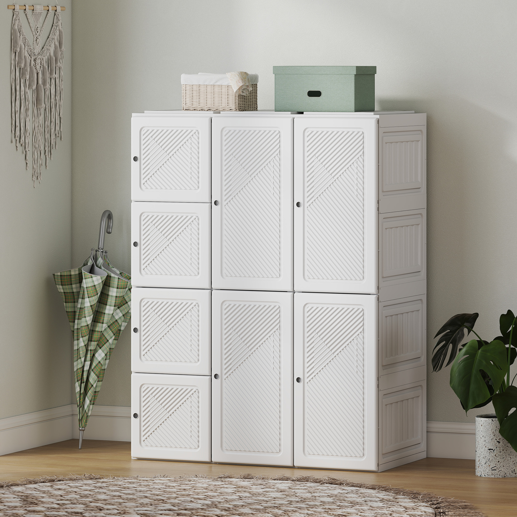 Portable Wardrobe, Foldable Plastic with 8 Compartments, 2 Hanging Rods and Magnetic Doors, White - Image 6