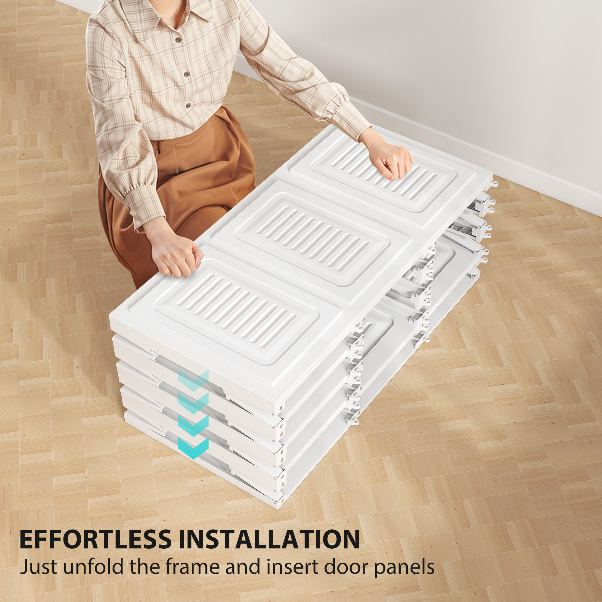Portable Wardrobe, Foldable Plastic with 8 Compartments, 2 Hanging Rods and Magnetic Doors, White - Image 3