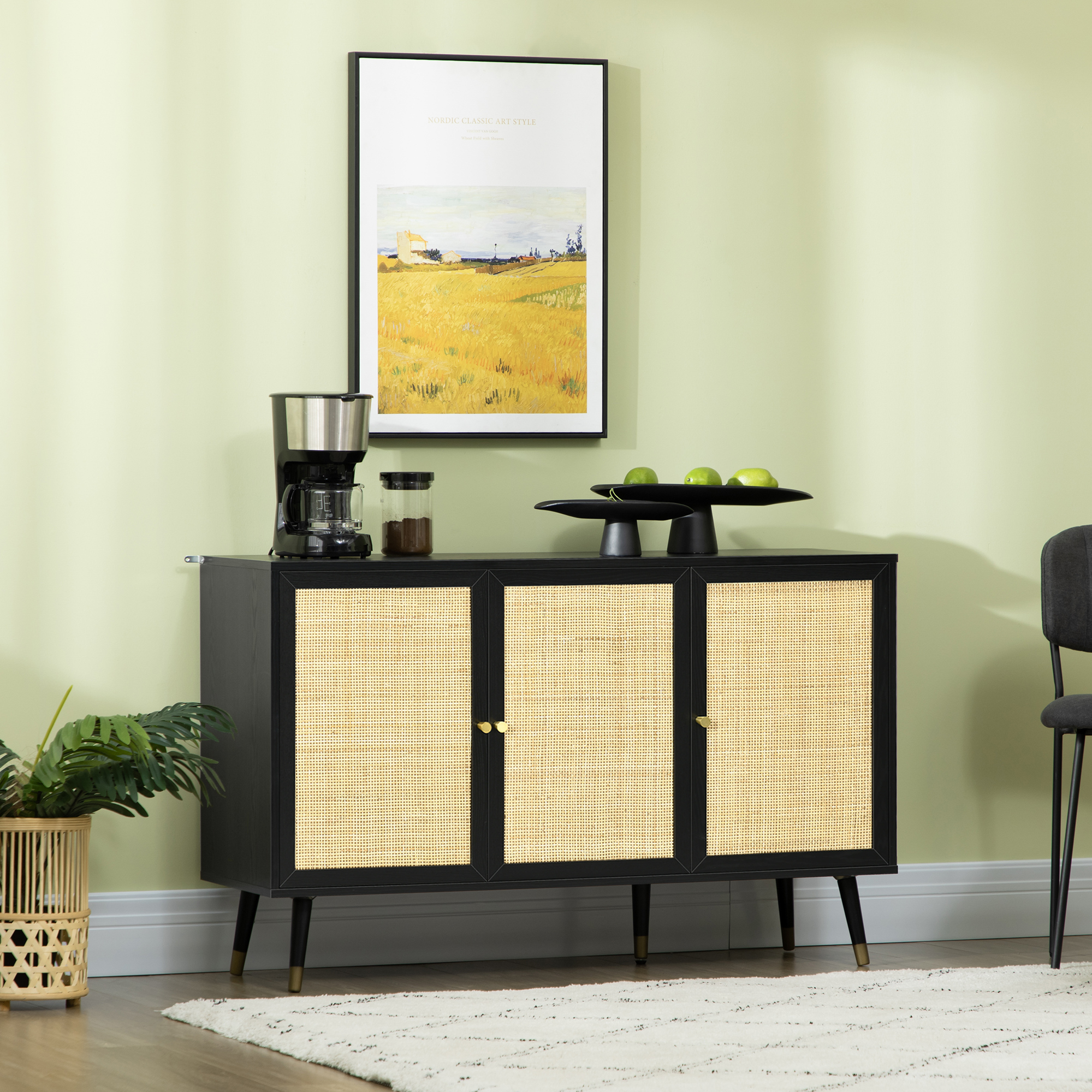 Kitchen Sideboard Cabinet, Boho Storage Cabinet with Shelves, Wood Legs, Decorative Rattan Doors, Black - Image 6