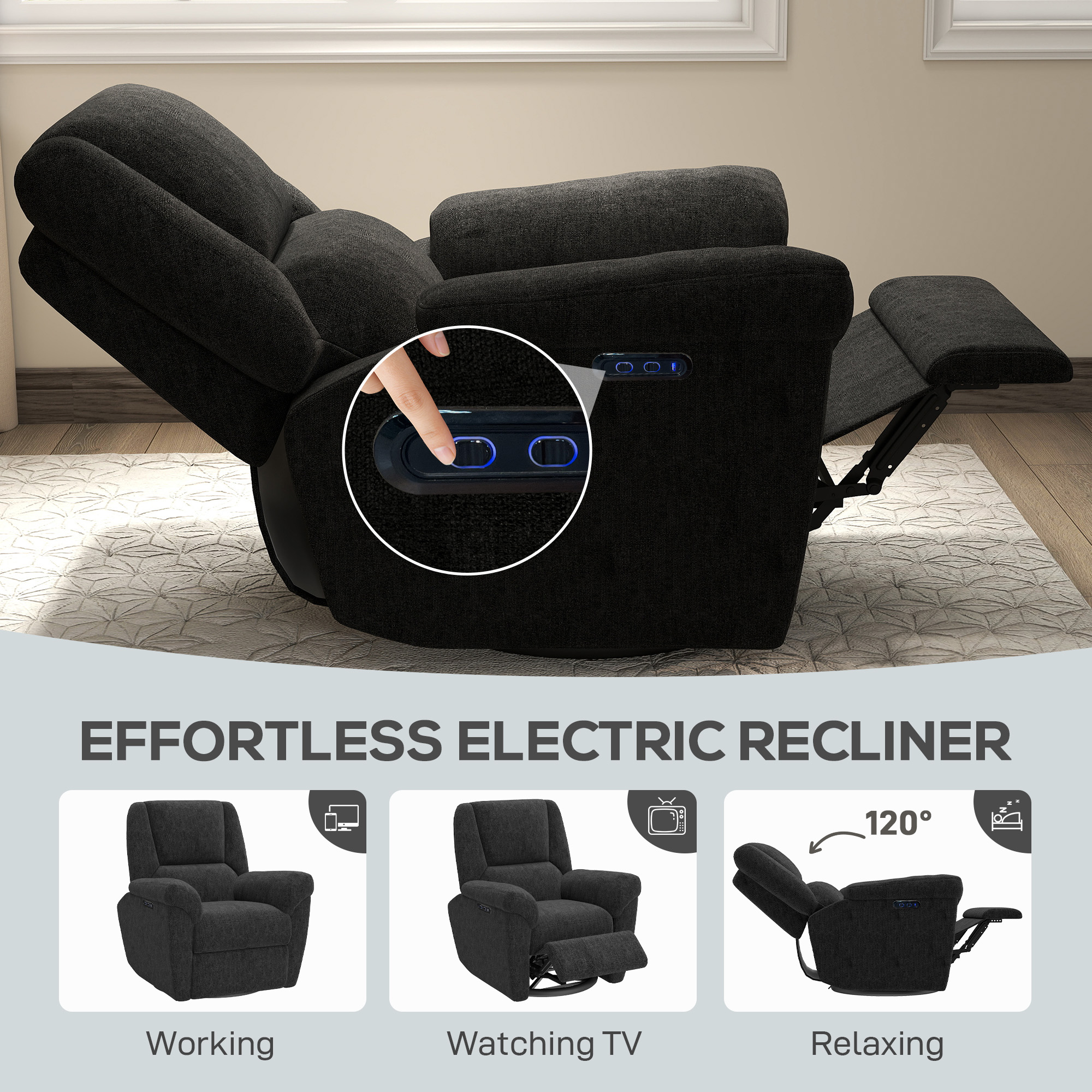 Power Recliner Chair, Fabric Upholstered Recliner Chair with USB Ports, Swivel and Rocking Function, Footrest, Black - Image 2