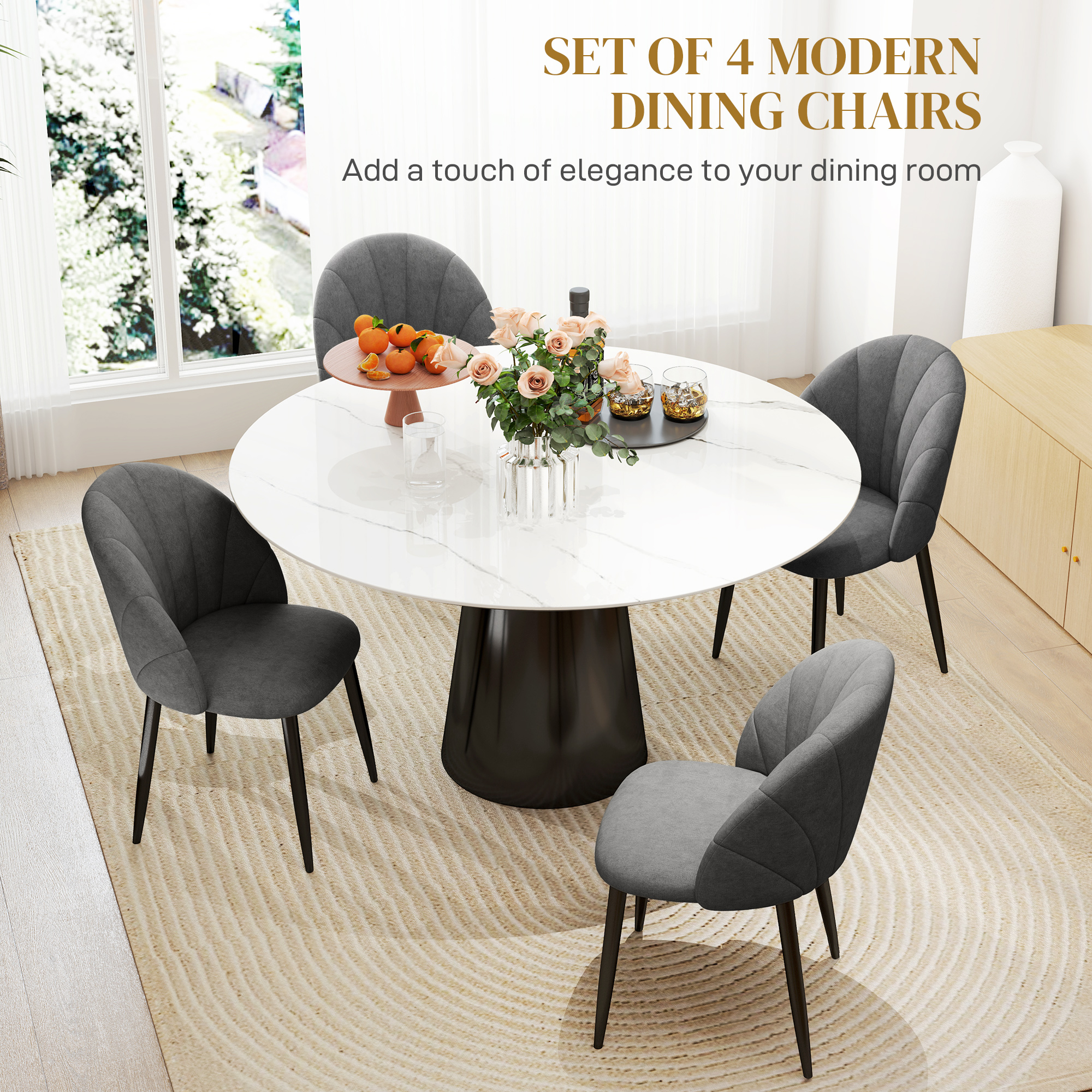 Modern Dining Chairs Set of 4, Upholstered Dining Room Chairs with Metal Legs, Shell Backrest, Padded Seat, Dark Grey - Image 2