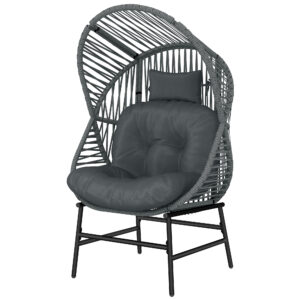 Wicker Egg Chair, 330 lbs Outdoor Rattan Lounge Chair with Thick Cushion, Headrest, Steel Frame, Dark Grey