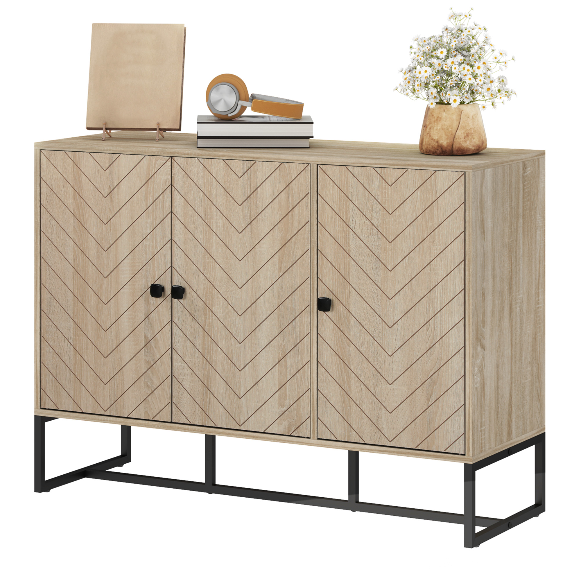 Modern Sideboard, Buffet Cabinet with Adjustable Shelves, 3 Chevron Doors for Living Room, Hallway, Oak Wood Grain