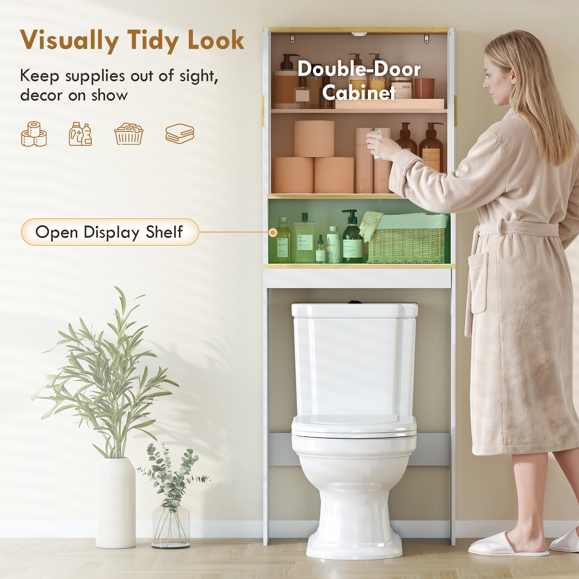 Over the Toilet Storage Shelf Adjustable Shelf Over the Toilet Storage Cabinet for Bathroom White and Oak - Image 2