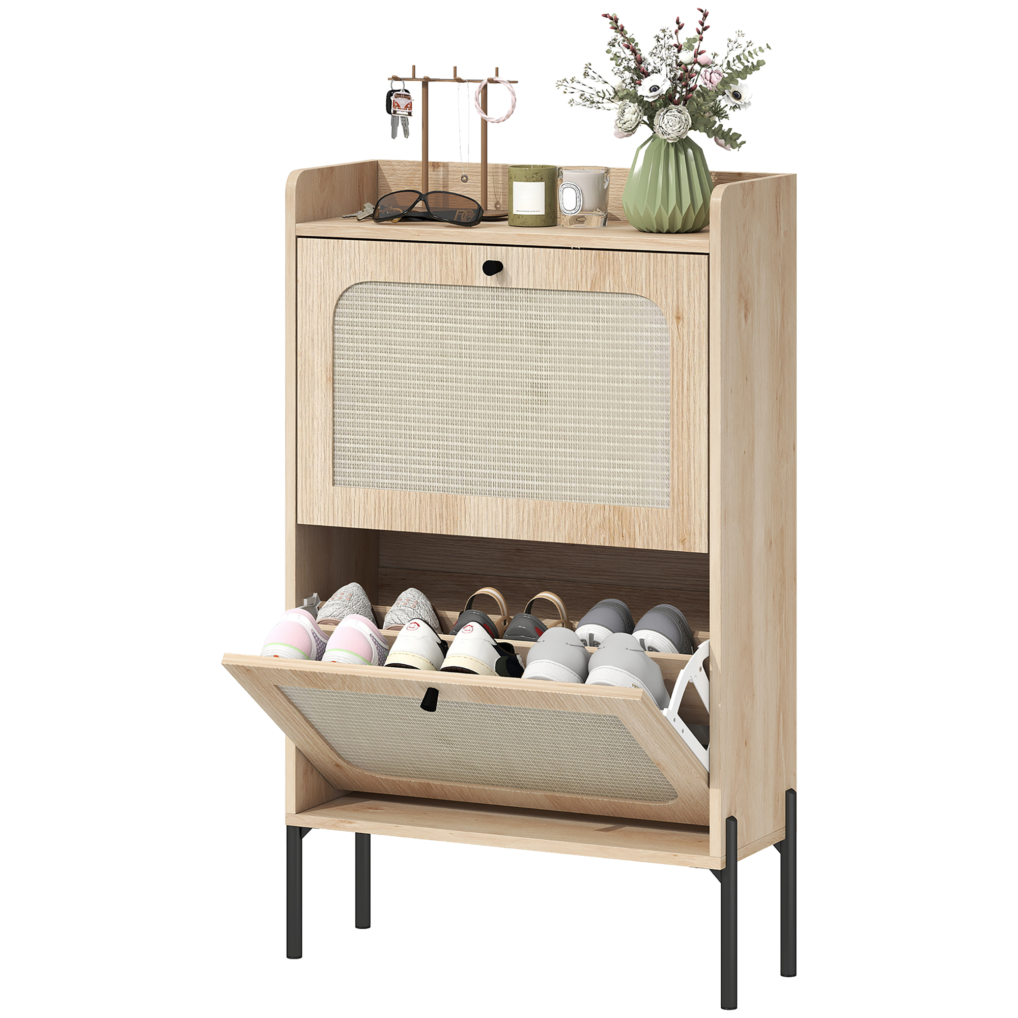Shoe Cabinet with 2 Flip Drawers, Boho Narrow Shoe Storage Cabinet, Oak
