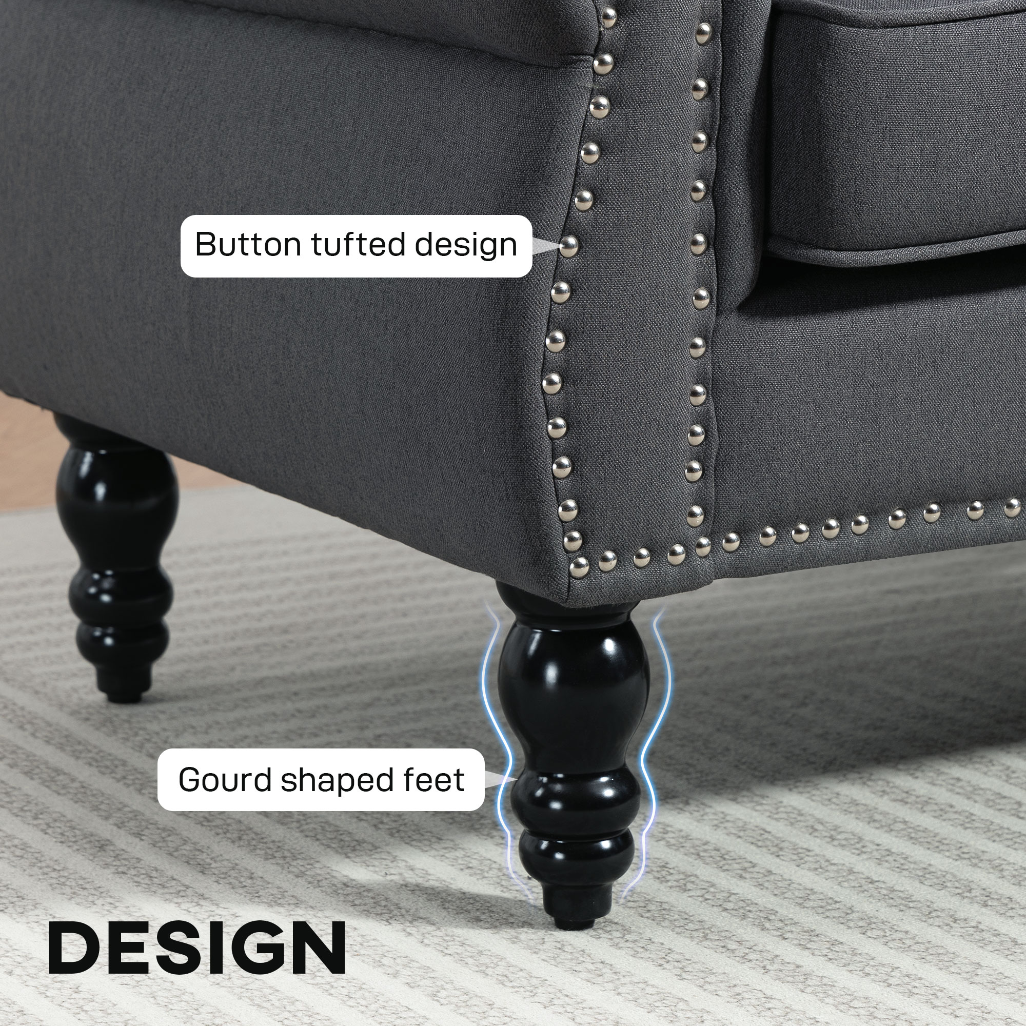 Stylish Midback Double Sofa with Sponge Padding, 2 Seater Sofa Couch, with Rubber Wood Leg, Dark Grey - Image 2