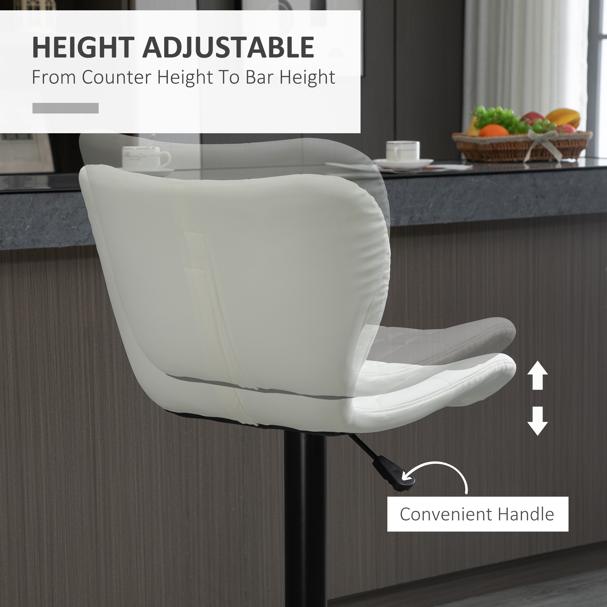Bar Stools Set of 2 Adjustable Height Swivel Bar Chairs in PU Leather with Backrest & Footrest, White - Image 3