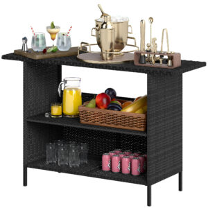 Wicker Outdoor Bar Table, PE Rattan Bar Height Patio Table with 2 Shelves, Steel Frame for Garden, Backyard, Black