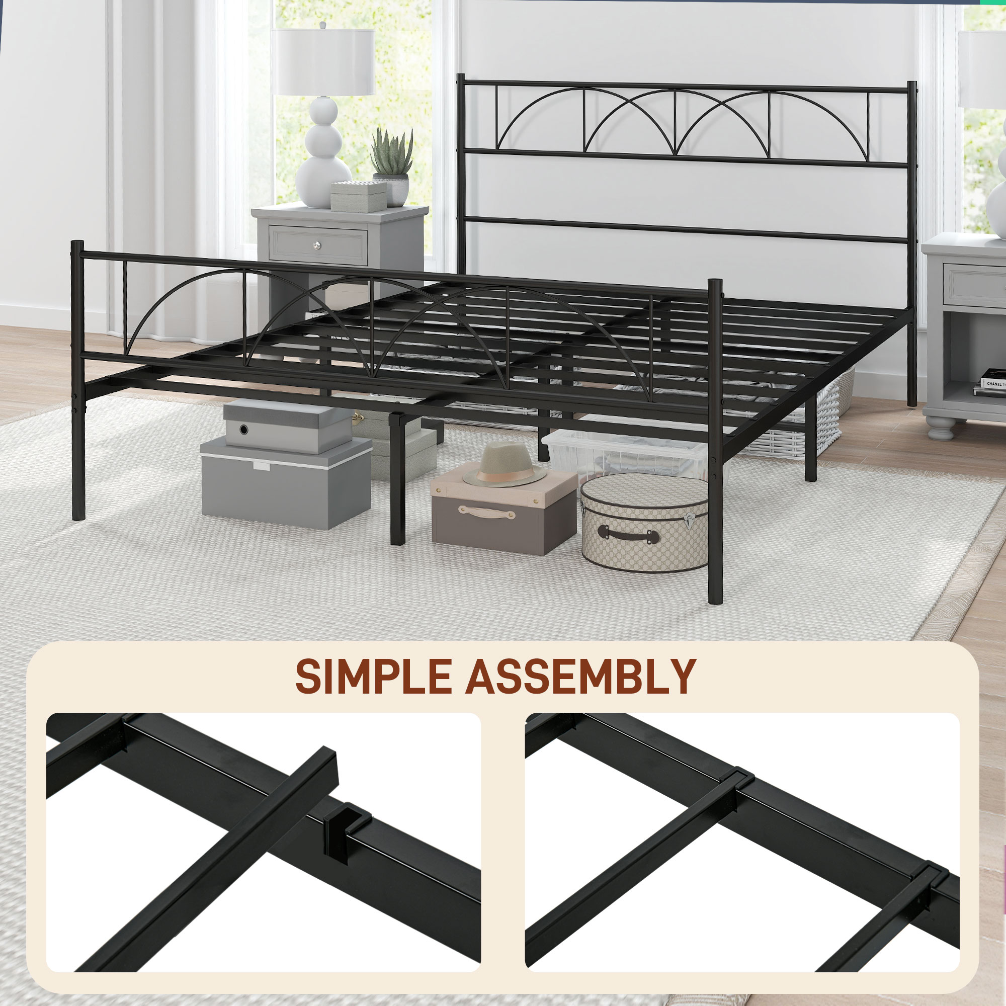 Metal Queen Platform Bed Frame with Headboard, Steel Slat Support, Underbed Storage, No Box Spring Needed, Easy Assembly - Image 4