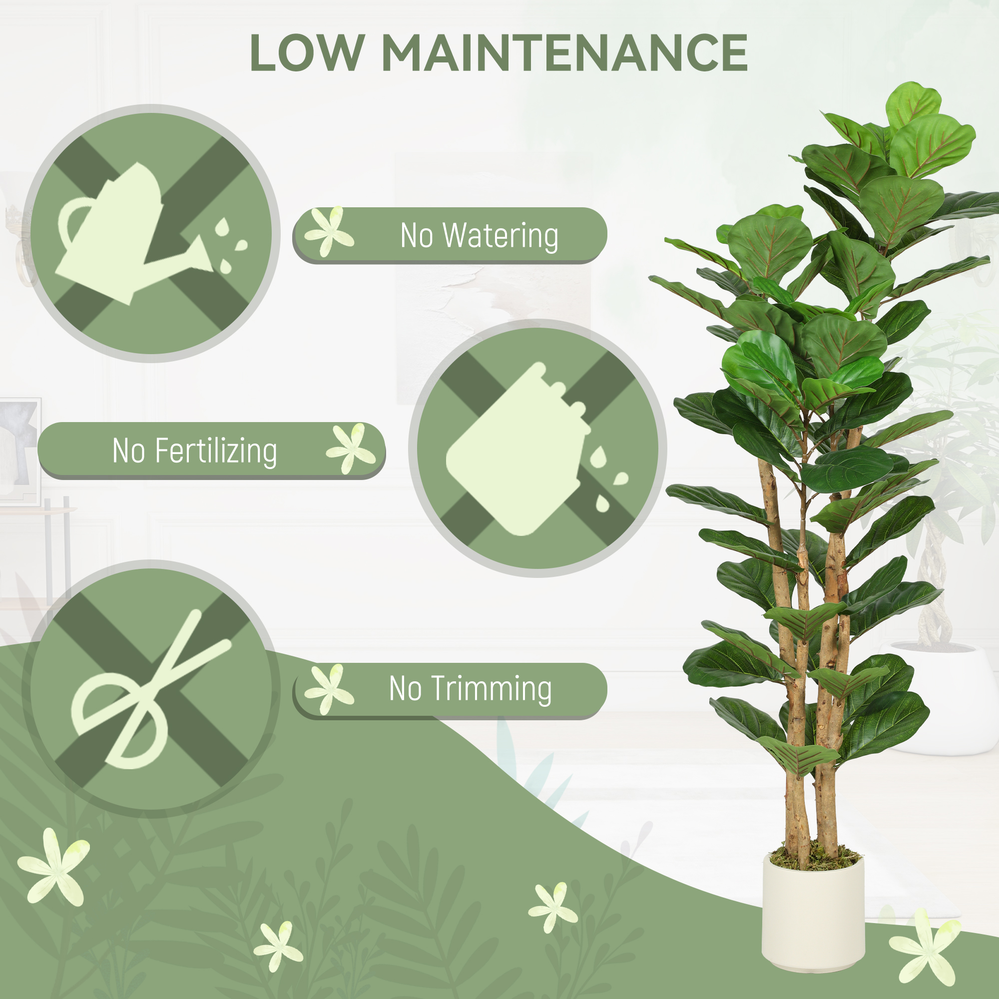 5FT Artificial Fiddle Leaf Fig Tree, Fake Potted Tree with Solid Wood Trunks for Indoor Decor, Green - Image 3