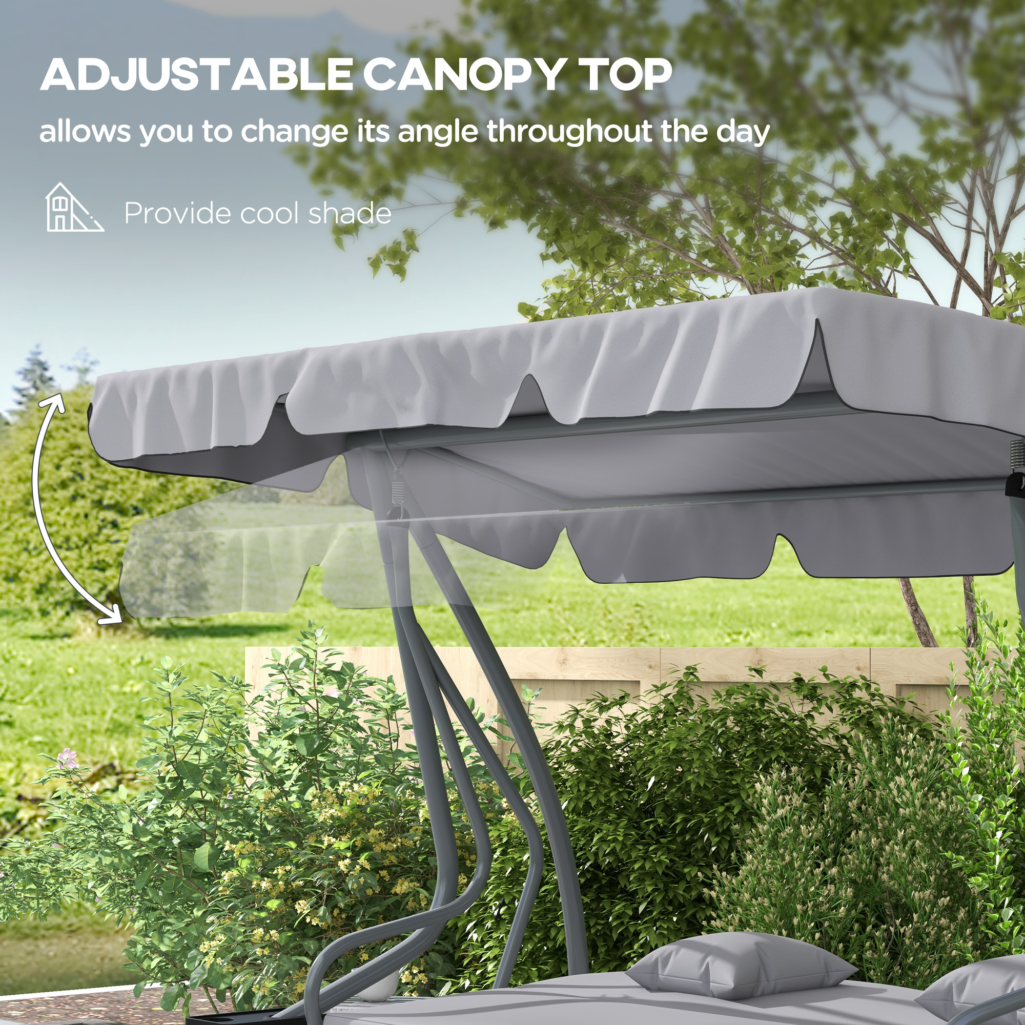 Outdoor 3-Seater Patio Swing Chair, Outdoor Swing Seat, with Adjustable Canopy and Two Pillows for Garden, Light Grey - Image 3