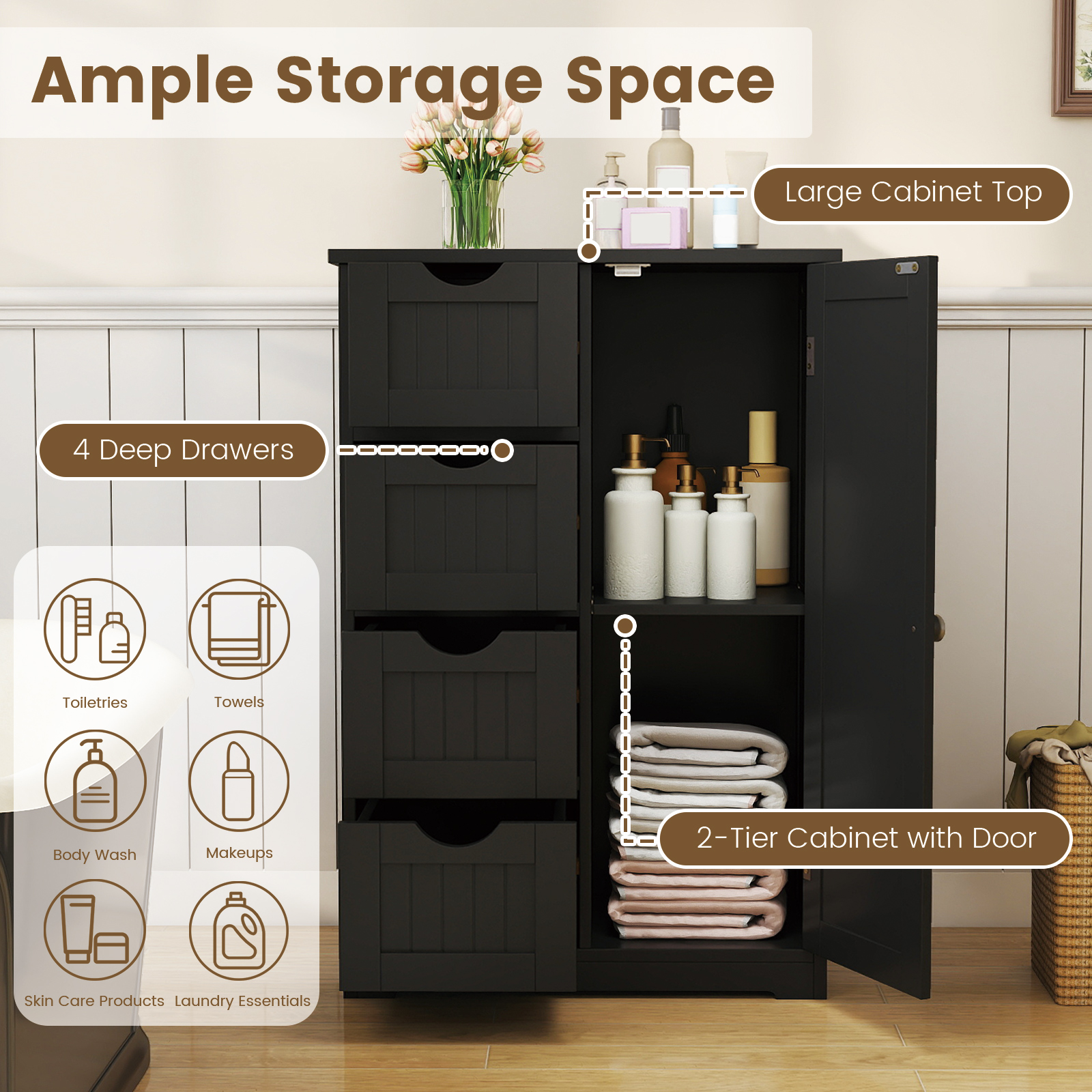 Standing Indoor Wooden Cabinet with 4 Drawers-Black - Image 6