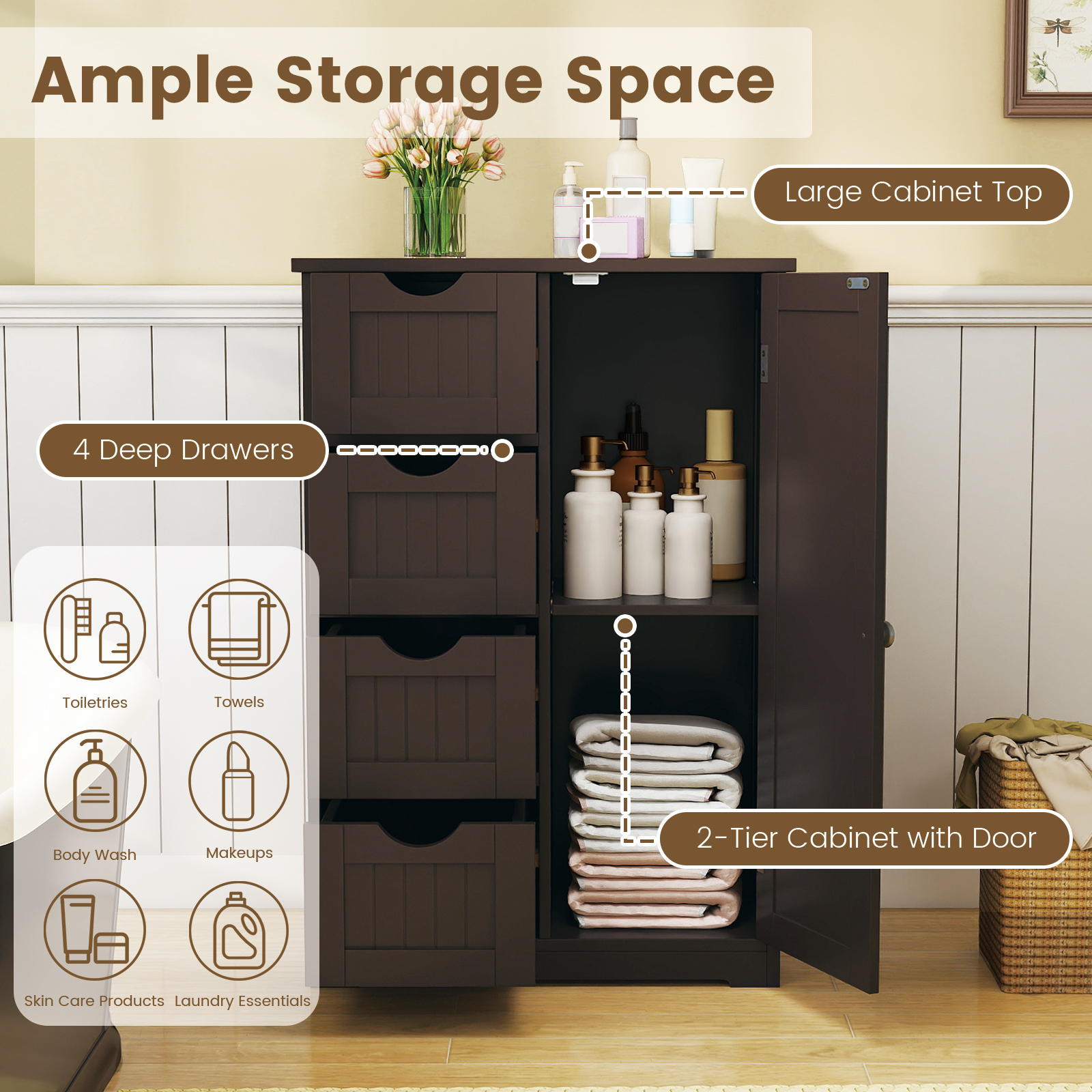 Standing Indoor Wooden Cabinet with 4 Drawers-Brown - Image 6