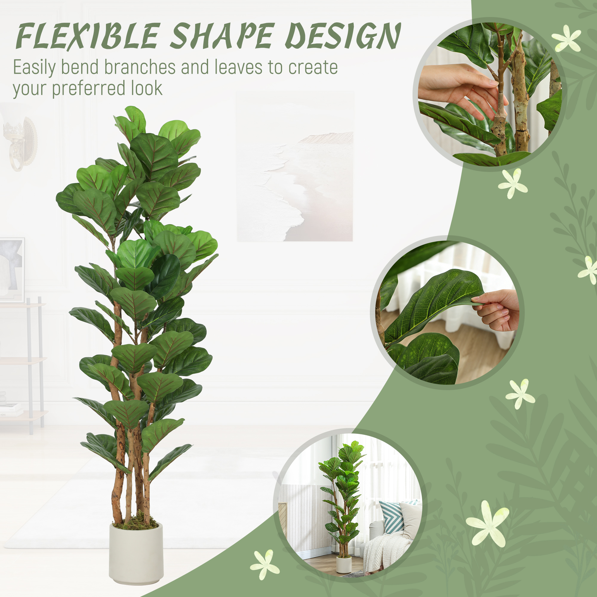 5FT Artificial Fiddle Leaf Fig Tree Set of 2, Fake Potted Tree with Solid Wood Trunks for Indoor Decor, Green - Image 4