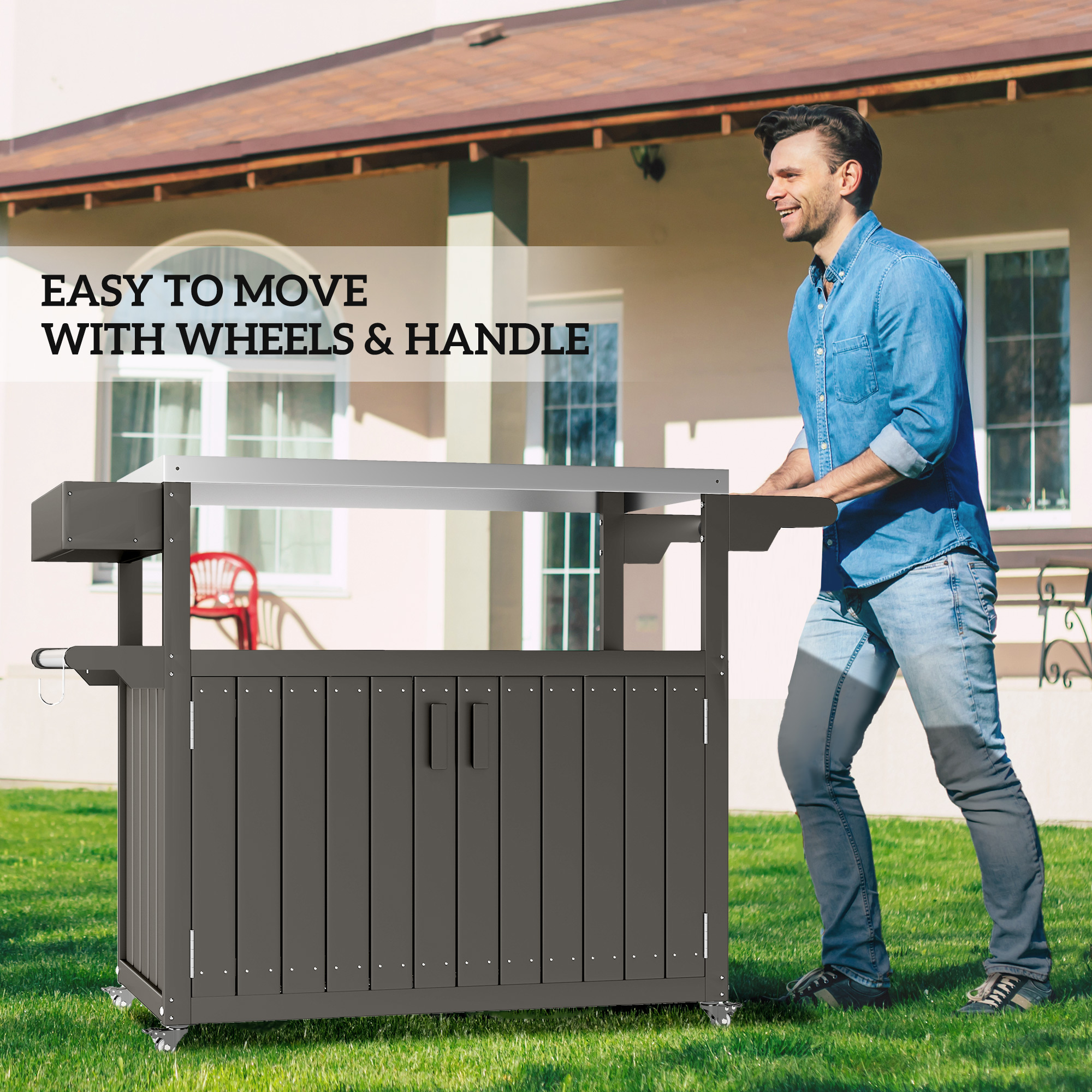 Outdoor Bar Cart with Storage Cabinet, Stainless Steel Outdoor Bar Table Top, Wheeled HDPE Kitchen Island for Food Prep - Image 5