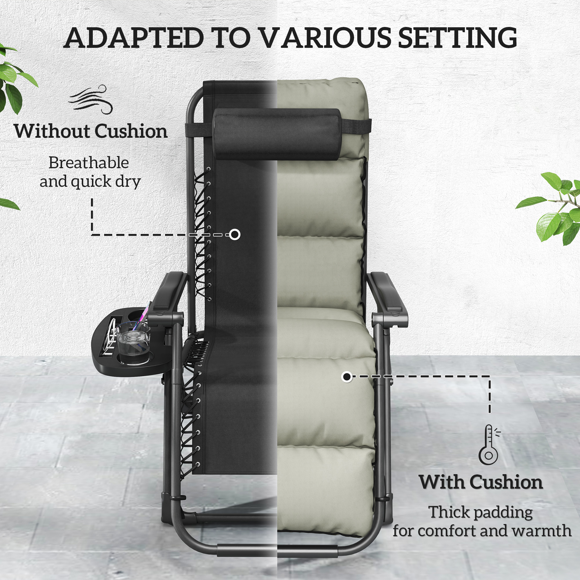 2pcs Reclining Zero Gravity Chair with Adjustable Backrest, Folding Garden Sun Lounger with Removable Cushion, Grey - Image 3