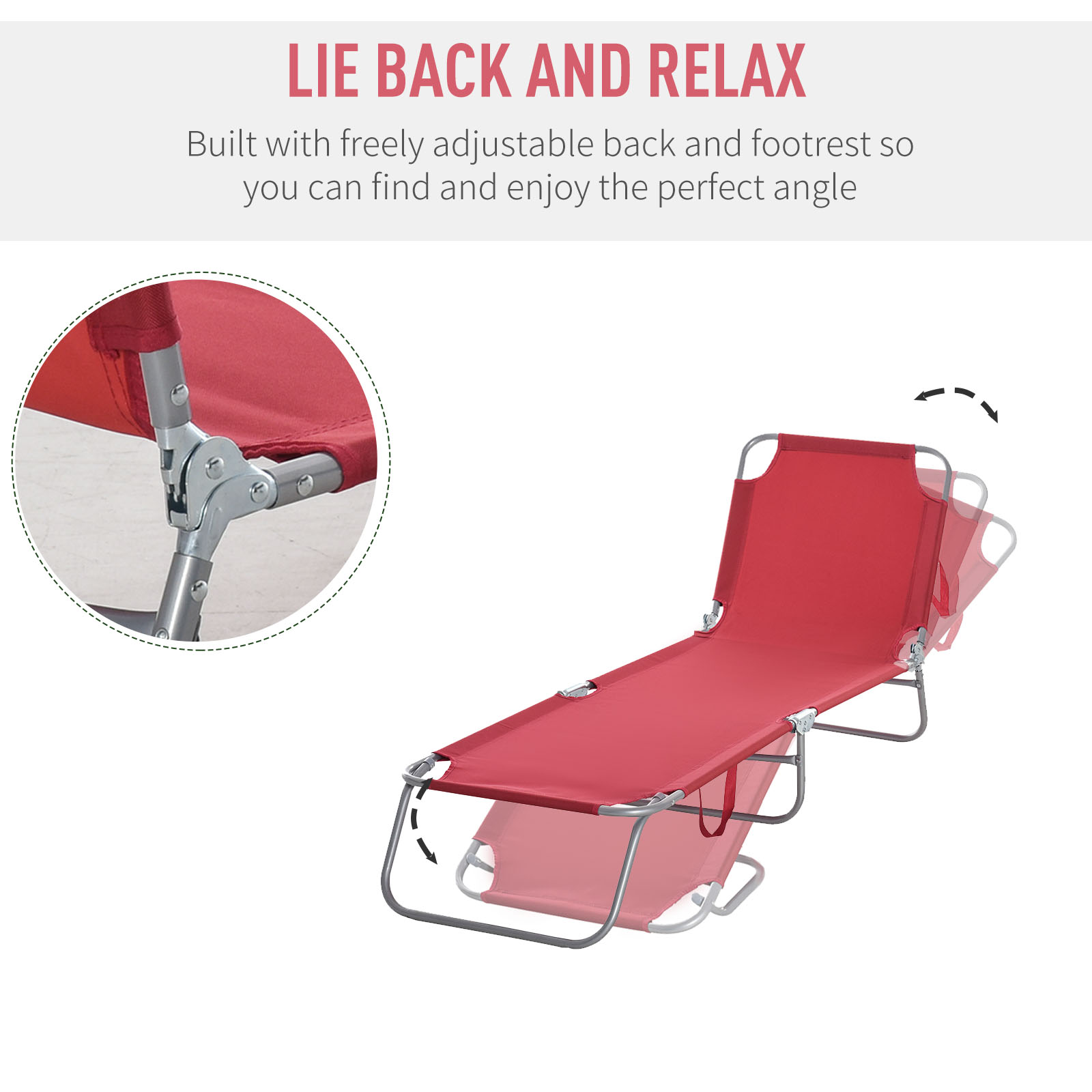 Outdoor Folding Chaise Lounge, Reclining Lounge Chair with Adjustable Backrest and Breathable Mesh Fabric, Wine Red - Image 2