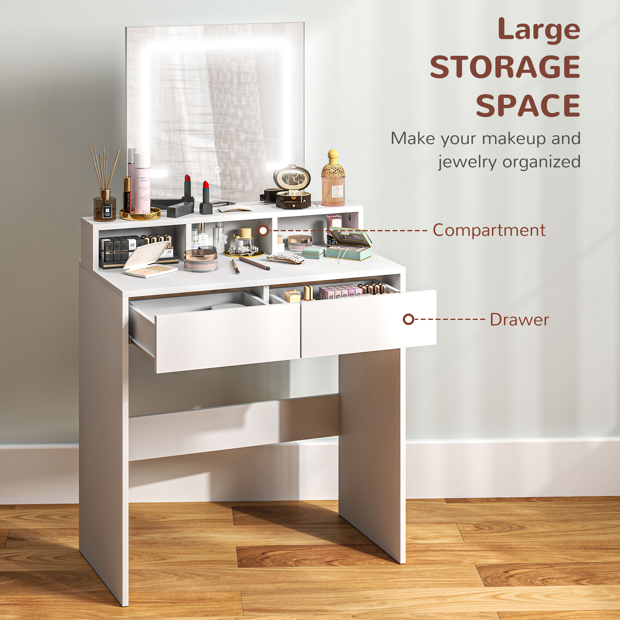 Makeup Vanity Desk with Mirror and LED Lights, for Bedroom, Modern Dressing Table with Drawers, Compartments, White - Image 3
