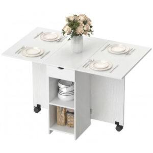 Folding Dining Table with Storage, Drop Leaf Kitchen Table with Drawer and Shelves for Small Spaces, White