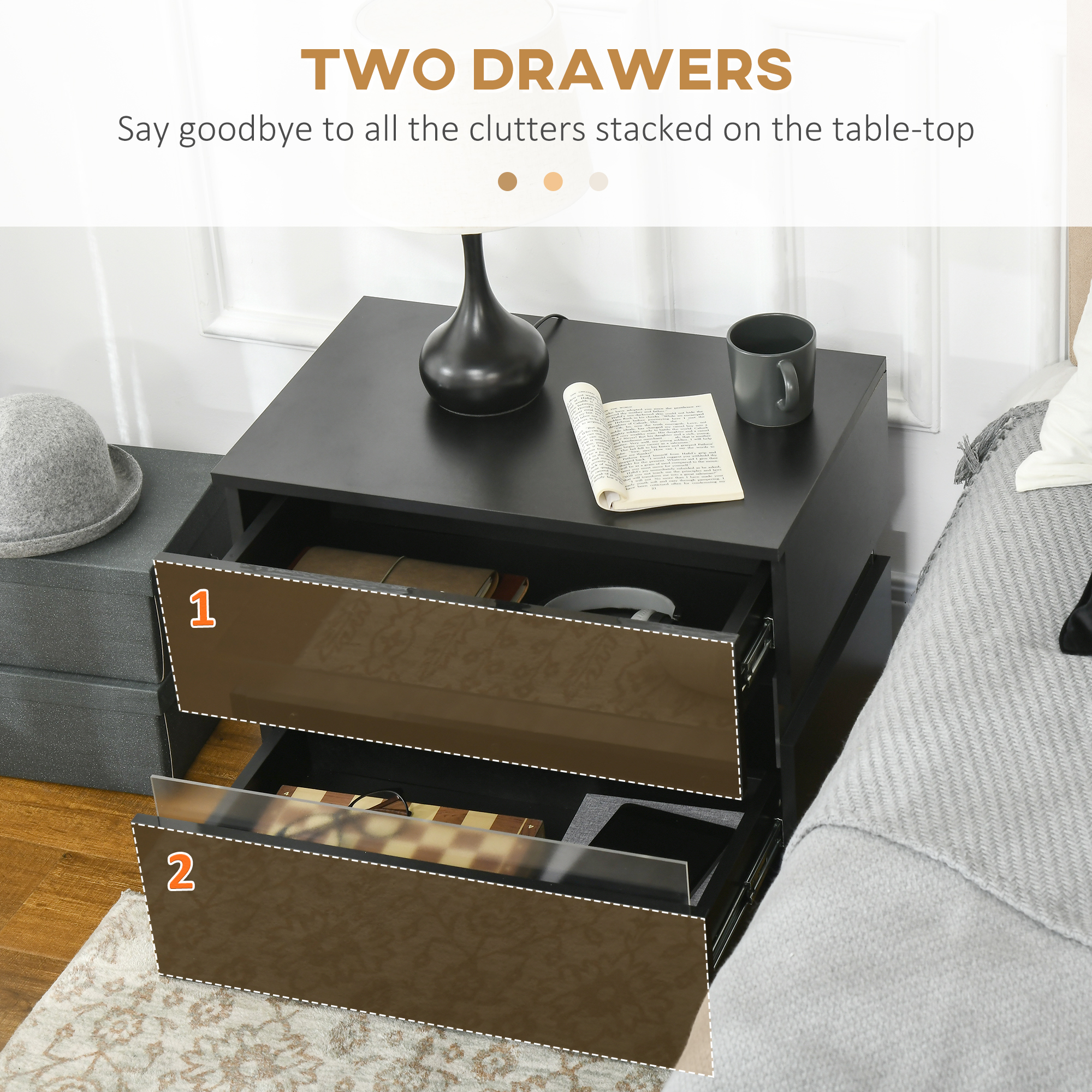 Modern Nightstand, Bedside Table with 2 Drawers, RGB LED Lights for Bedroom, Black - Image 3