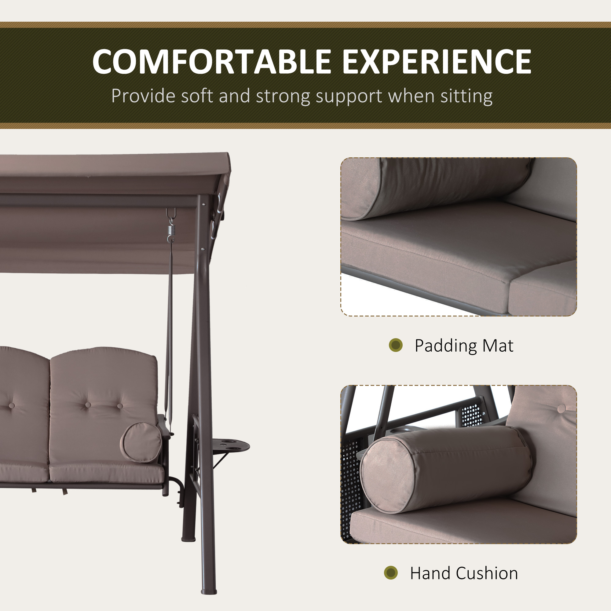 3 Seater Porch Swing Heavy Duty Outdoor Swing Chair Outdoor Lounge Hammock Cushioned Seat W/ Tilt Canopy, Brown - Image 4