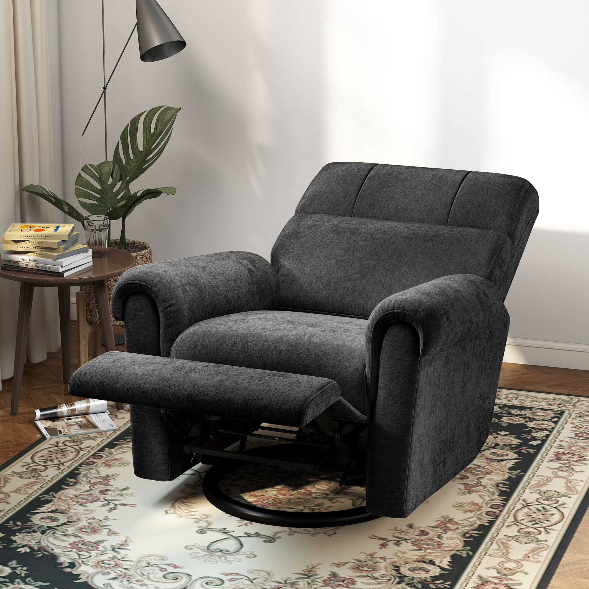 Power Recliner Chair, Fabric Upholstered Recliner Chair with USB Ports, Swivel and Rocking Function, Footrest, Black - Image 6