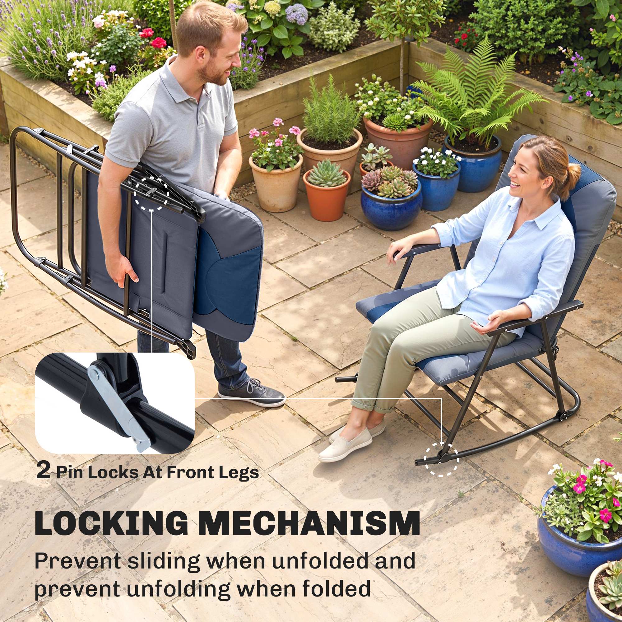 Folding Rocking Chair Set of 2 Padded Rockers with Armrest, Navy Blue - Image 4