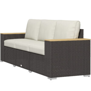 3-Seat Outdoor Couch with Cushions, PE Rattan Patio Couch with Wood Grain Armrests, Outdoor Sofa for Porch, Sunroom, Garden, Poolside, Cream White