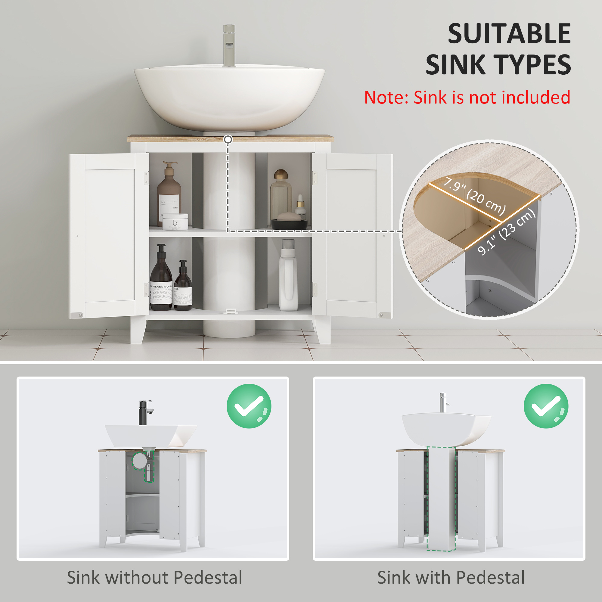 Bathroom Sink Vanity Unit, Under Sink Bathroom Cabinet with U-Shape Design and Adjustable Shelf, White - Image 2