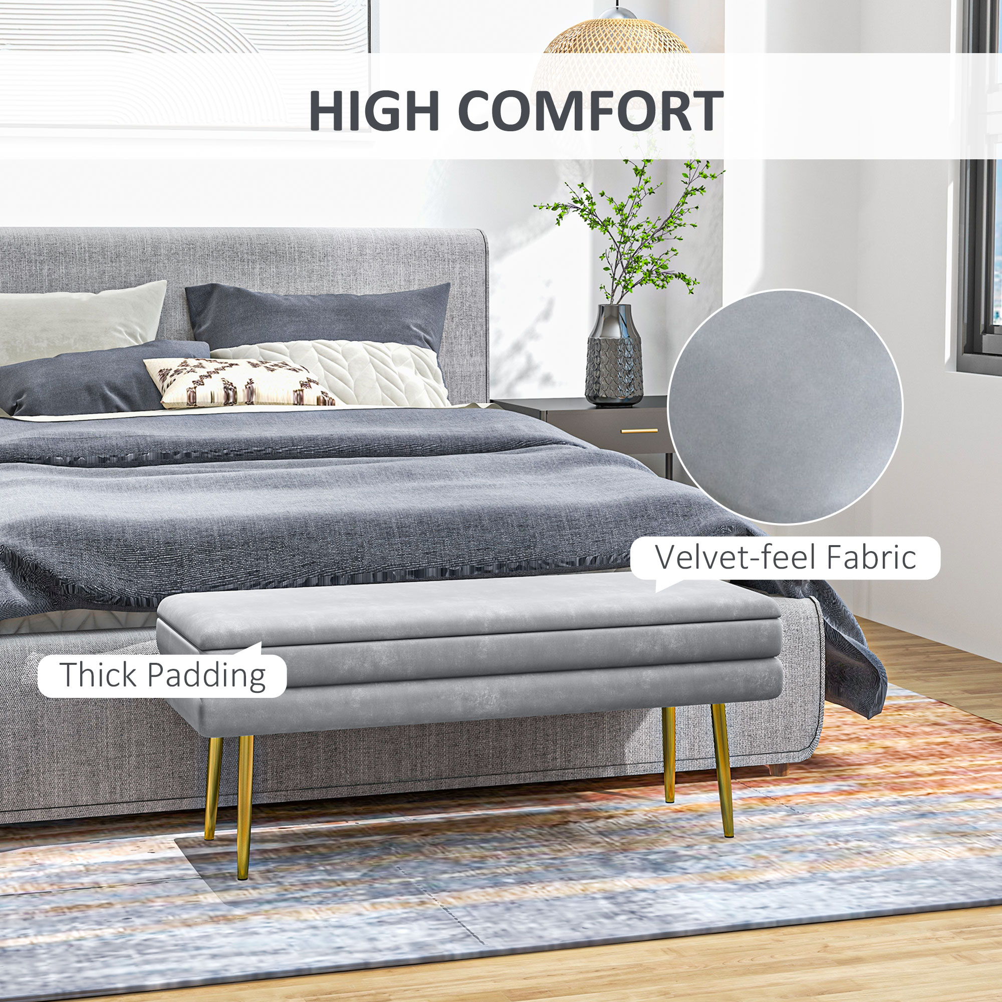 39" Storage Ottoman, Velvet End of Bed Bench with Steel Legs, Foot Stool with Storage for Bedroom, Living Room - Image 2