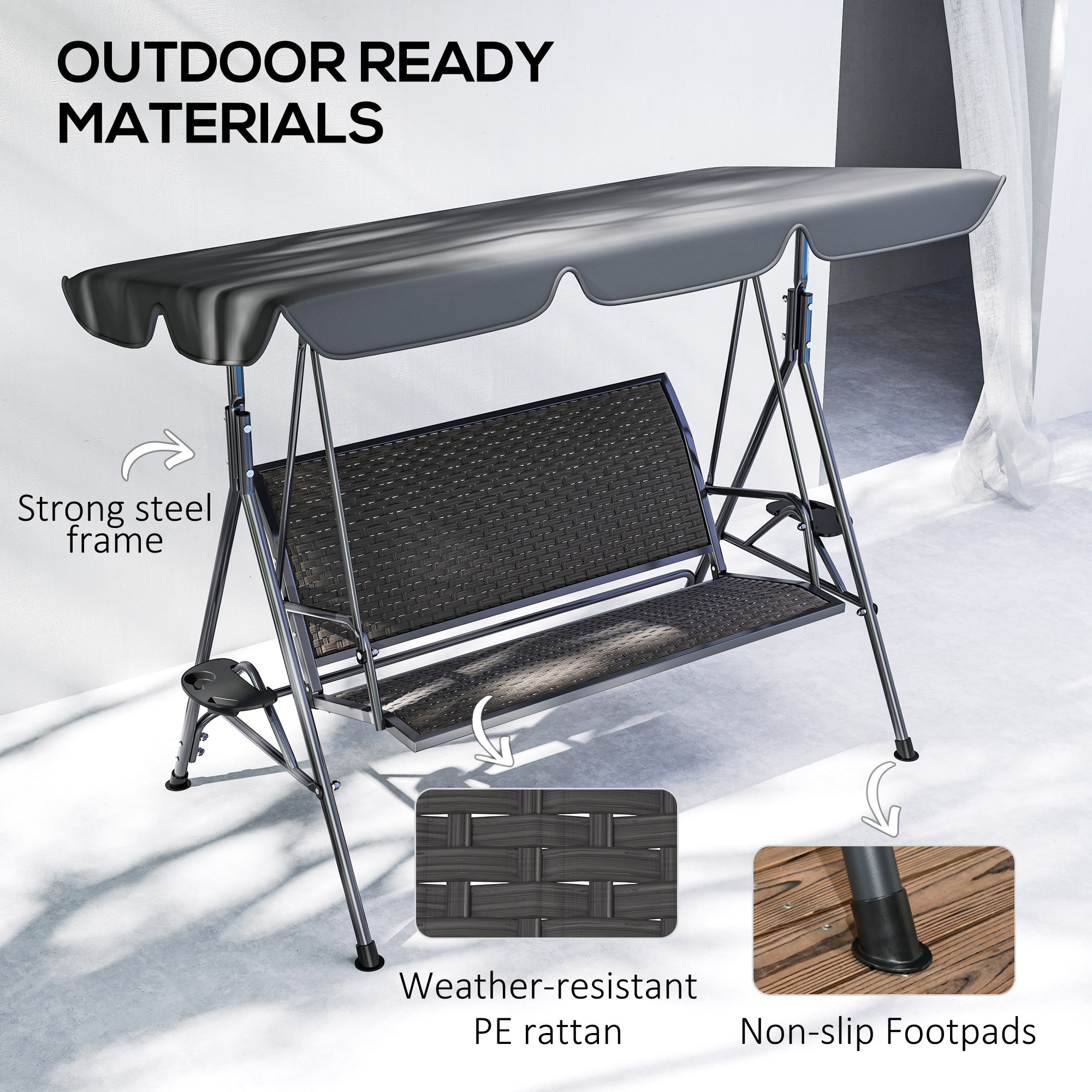 3-Seat Patio Swing Chair, Outdoor Canopy Swing Glider with Adjustable Shade, Grey - Image 4