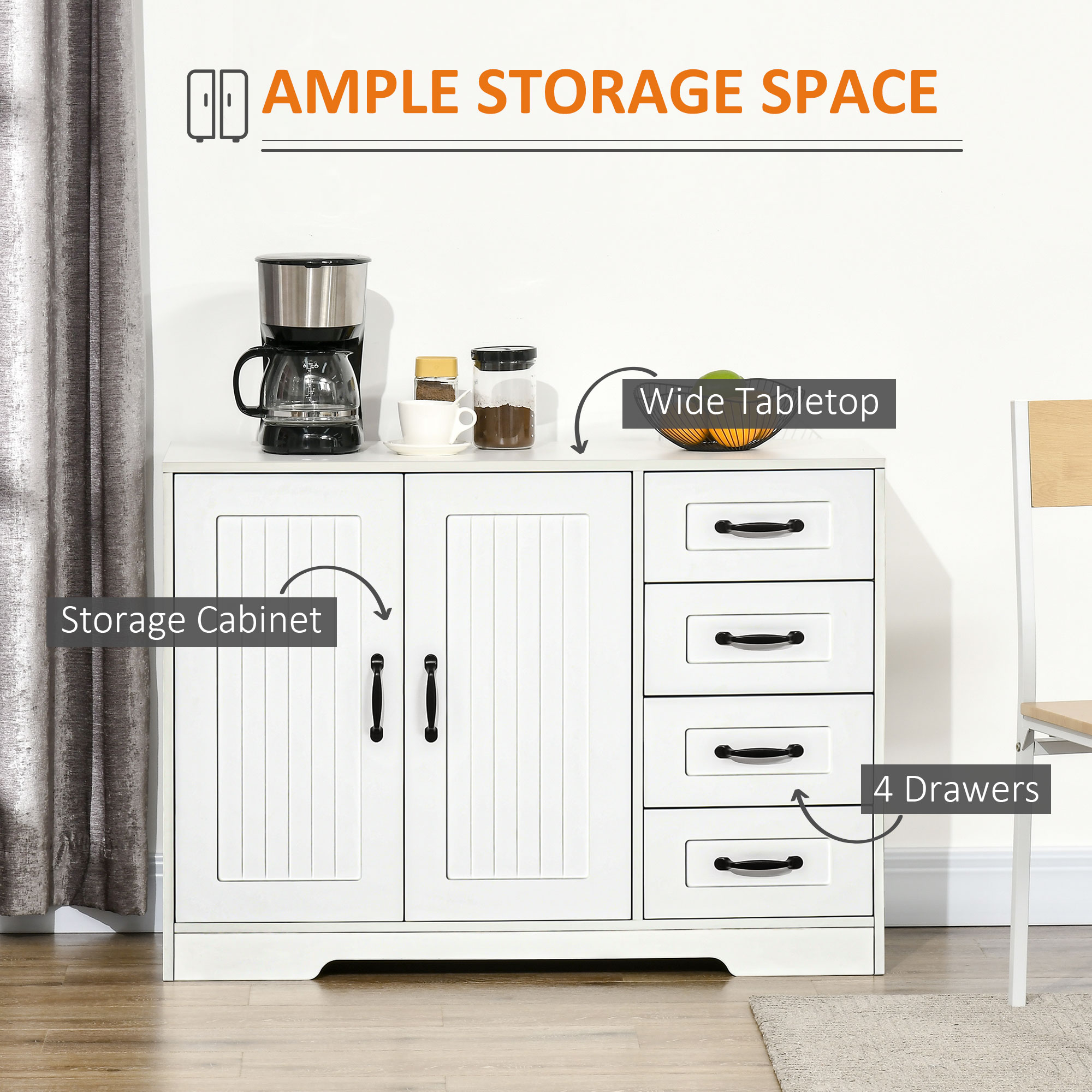 Modern Sideboard Buffet Cabinet with Drawers and Beadboard Door Cupboard Kitchen Storage Cabinet White - Image 2