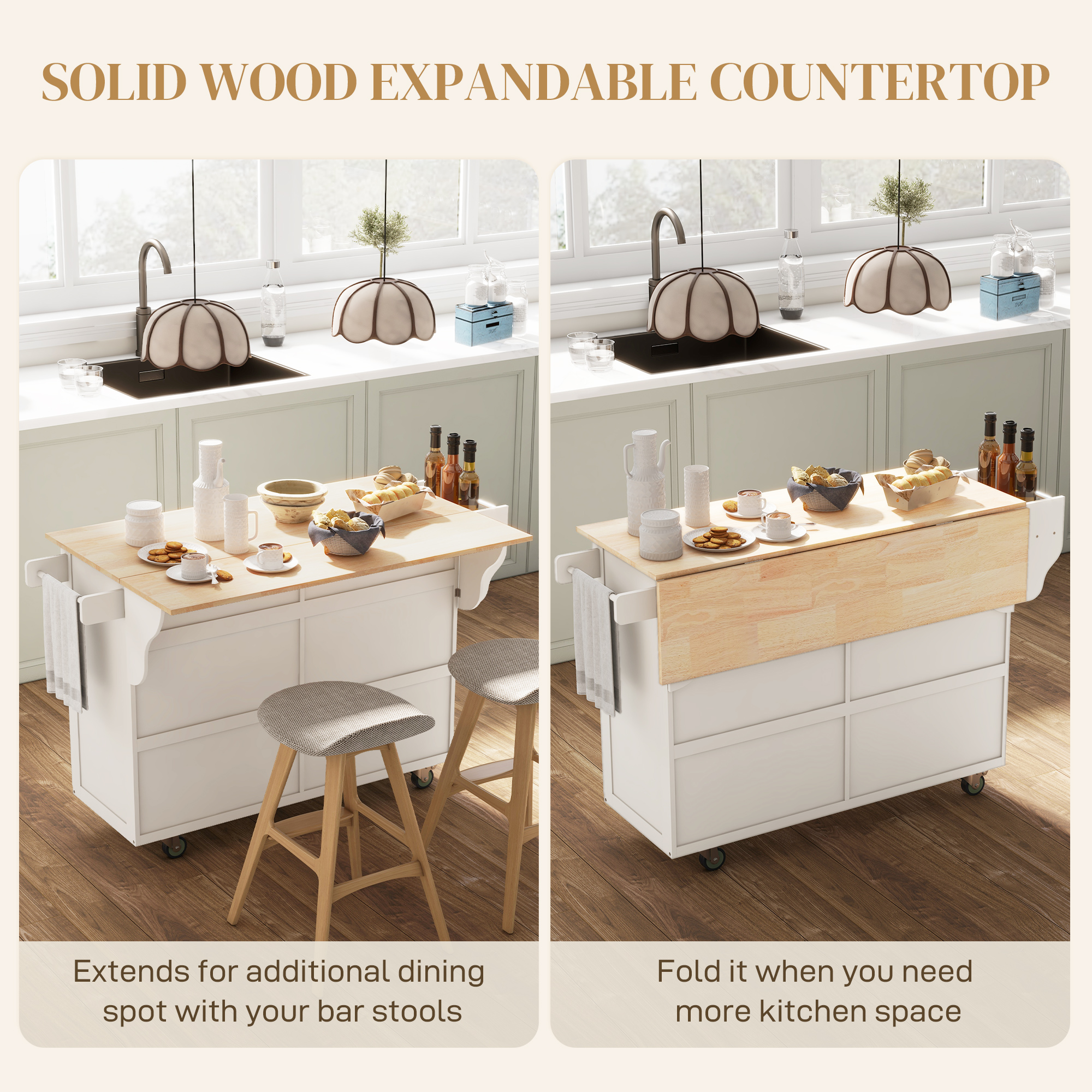 Kitchen Island with Storage, Rolling Kitchen Island with Drop Leaf, Rubber Wood Top and Adjustable Shelves, Cream White - Image 2