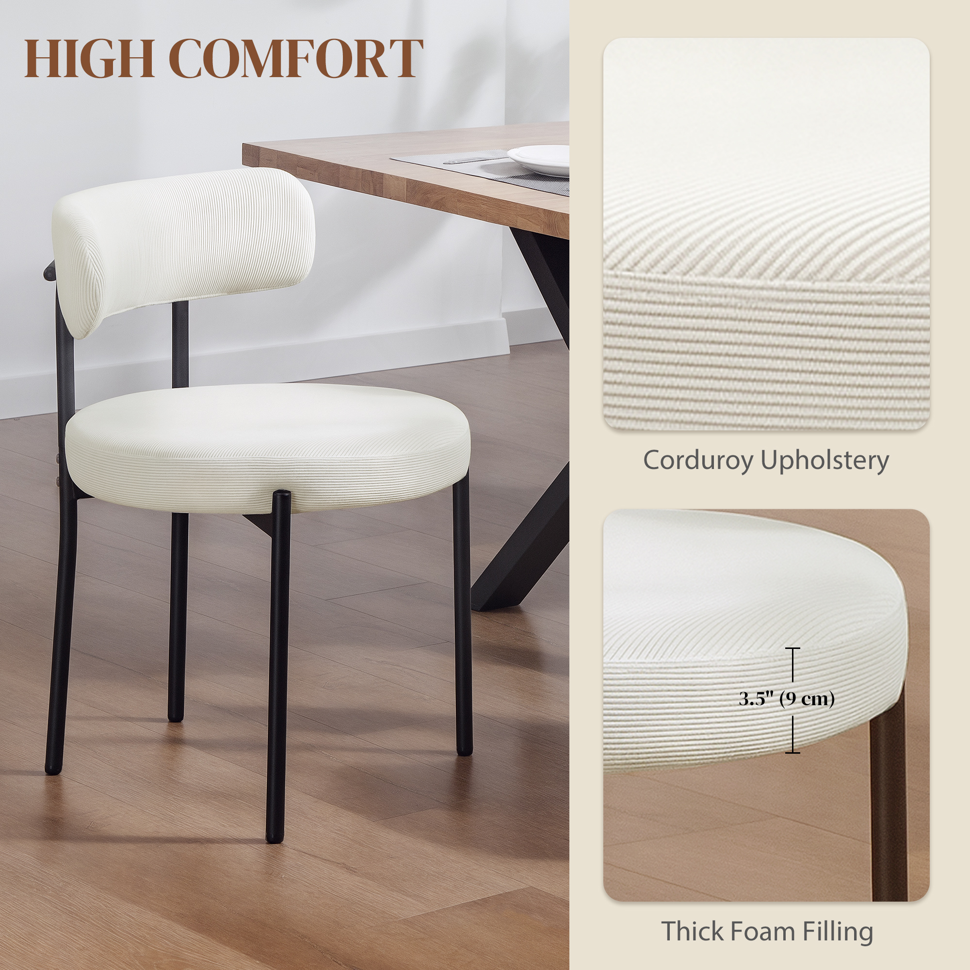 4 Pieces Kitchen Chairs, Modern Dining Chairs with Corduroy Upholstery and Steel Legs for Living Room, Beige - Image 3