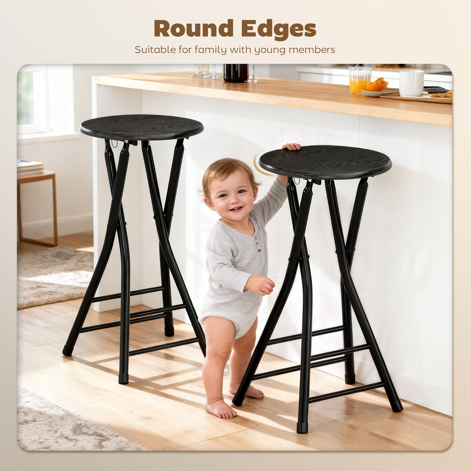 Set of 4 Foldable Barstools, Counter Height Bar Stools with Footrest and Steel Legs for Kitchen Island, Black - Image 4