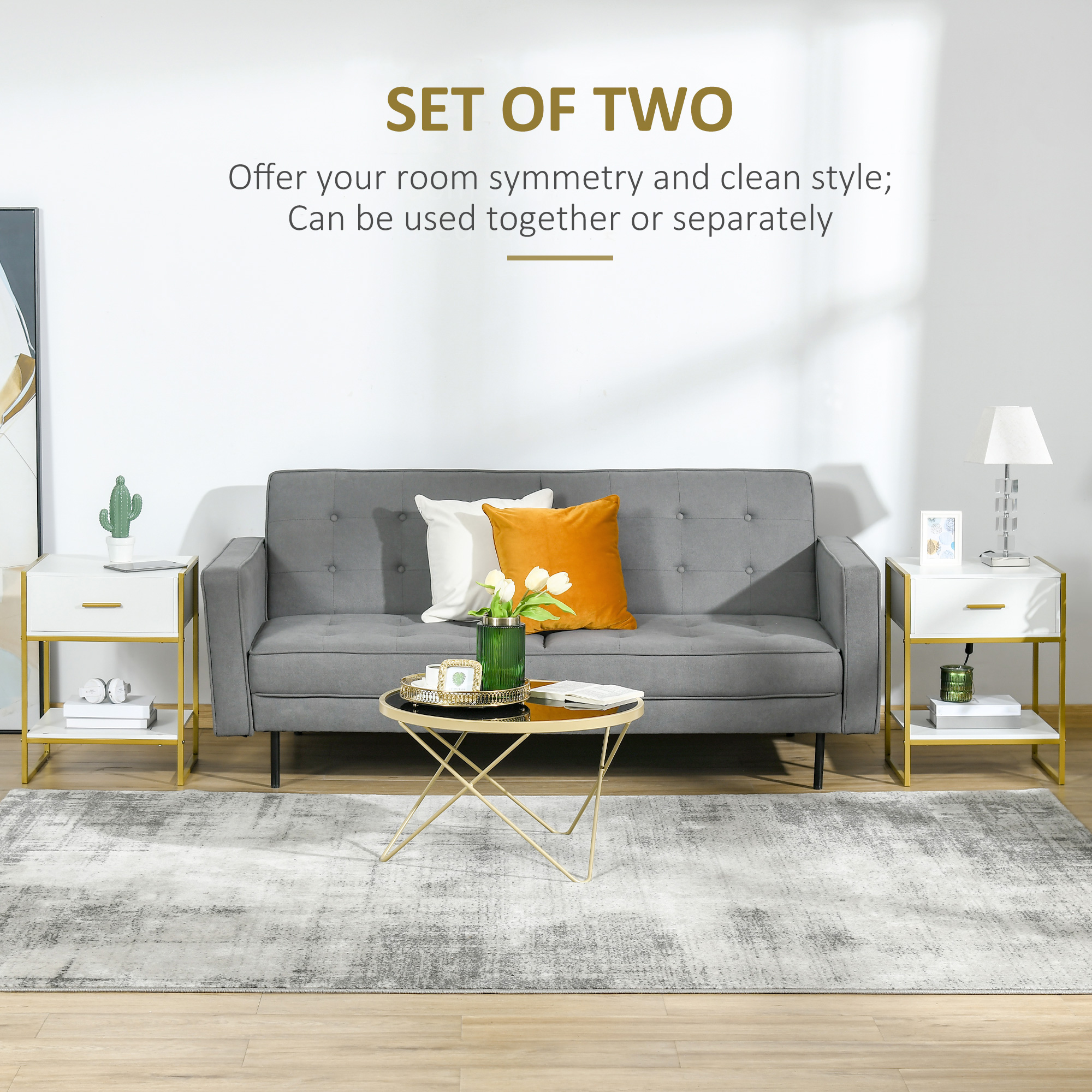 Nightstand Set of 2, Modern Bedside Table with Drawer and Shelf, Bedside Cabinets for Bedroom, White - Image 2