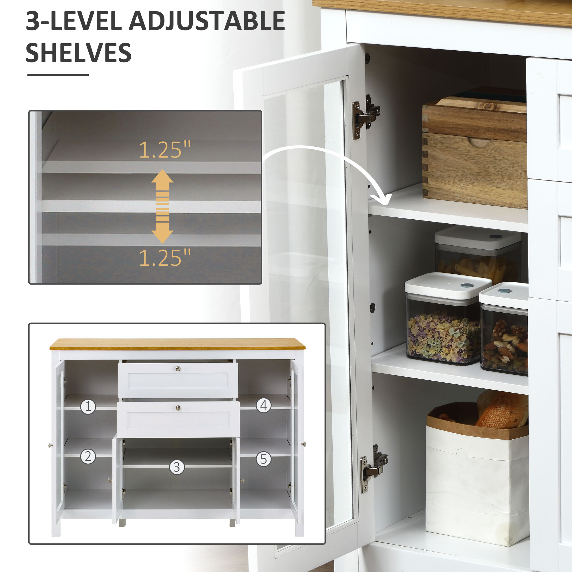 Buffet Cabinet Sideboard with 2 Drawers, 3 Storage Cabinets, Glass Doors and Adjustable Shelves, White - Image 3