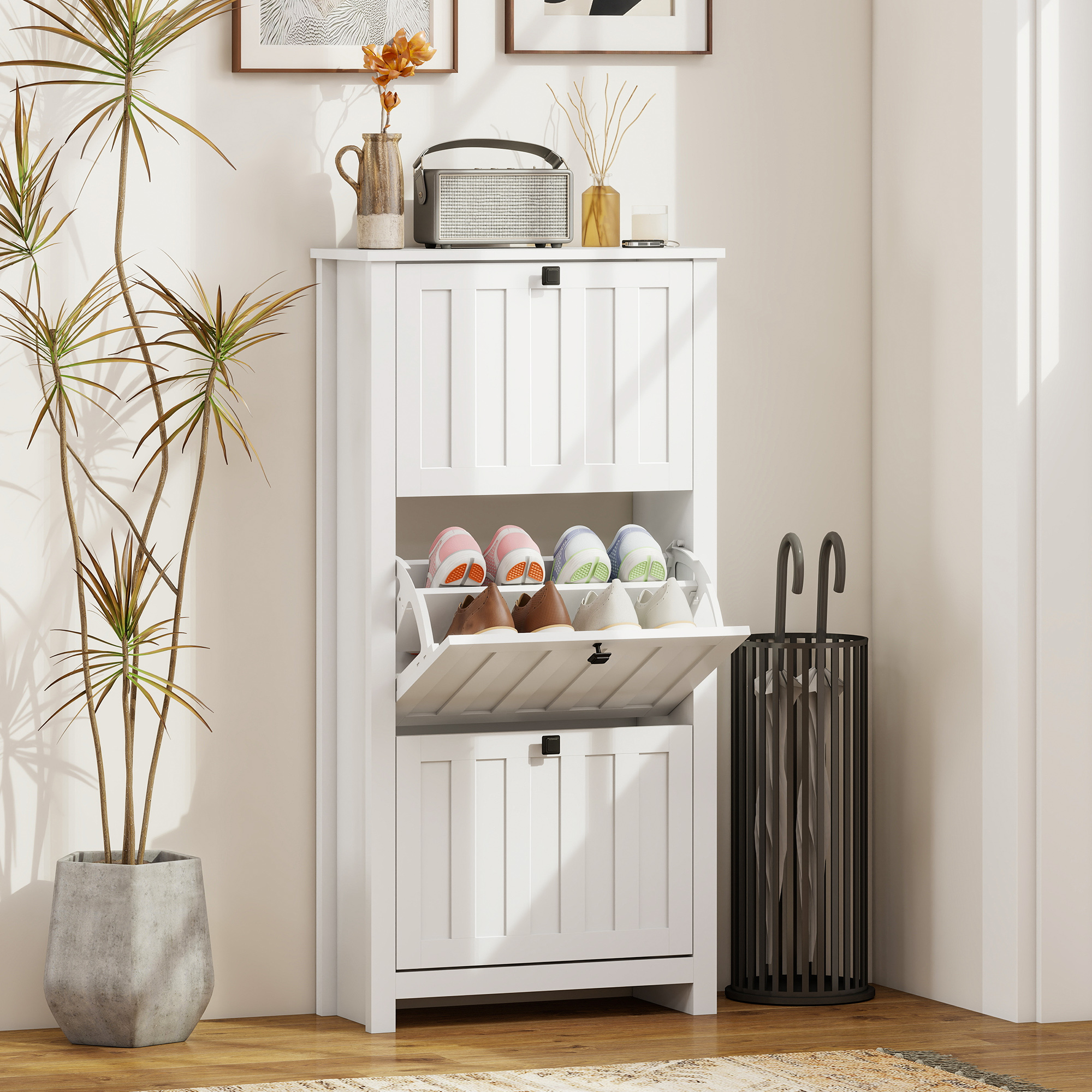 Slim Shoe Cabinet with 3 Flip Drawers, Shoe Storage Cabinet with Adjustable Shelves for Entryway, Holds 12 Pairs, White - Image 5