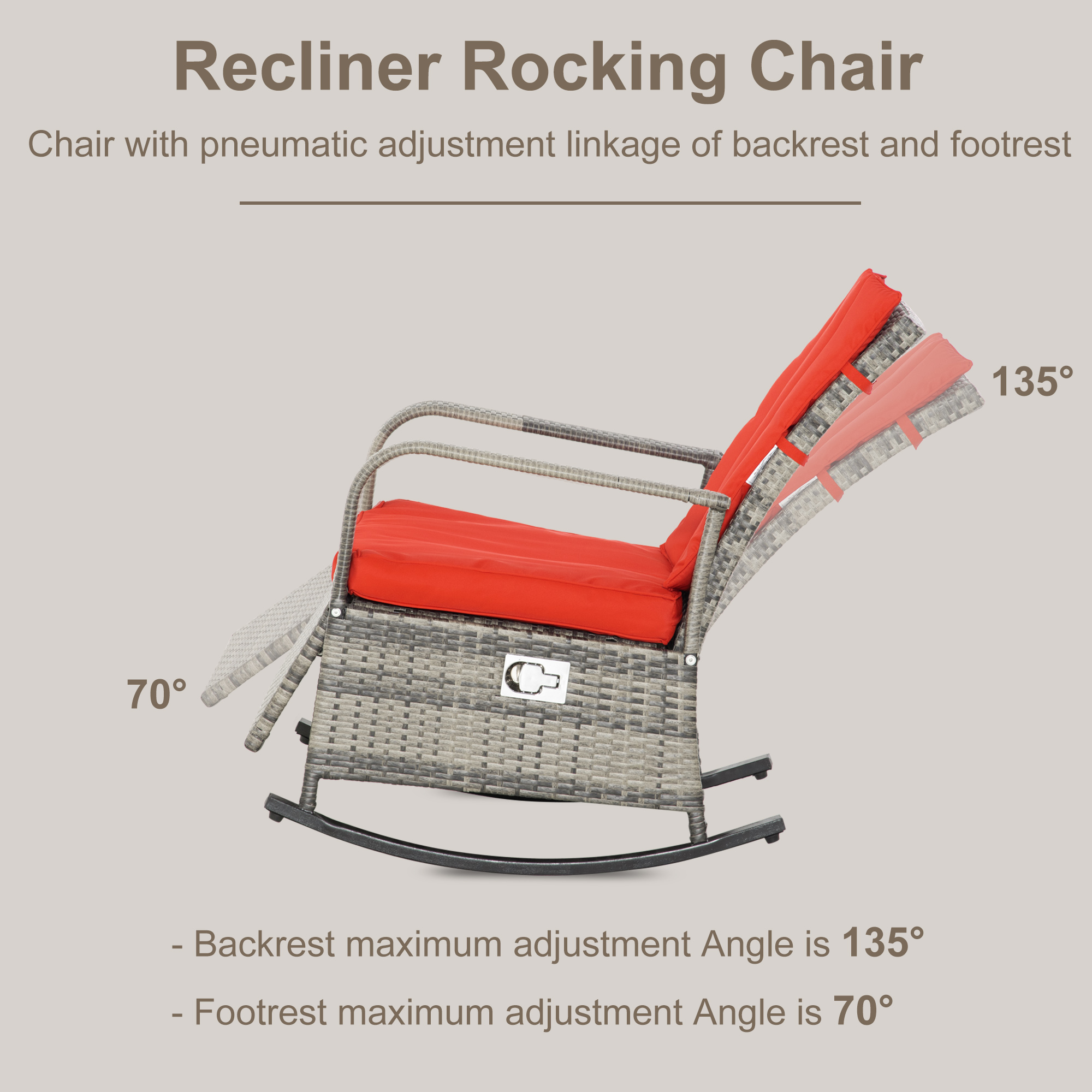 Outdoor Wicker Rocking Chair with Cushion, Patio PE Rattan Recliner Chair with Adjustable Footrest, Armrests, Red - Image 3