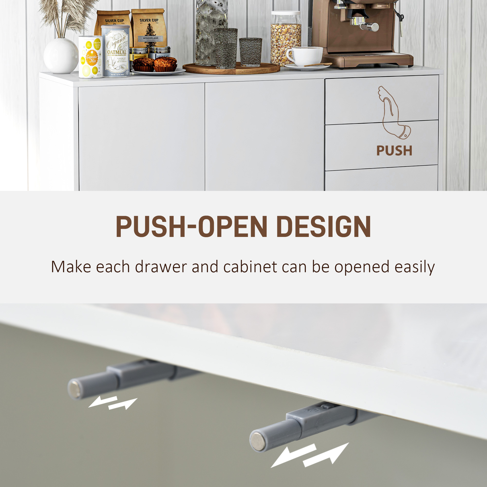 Kitchen Sideboard Storage Cabinet, Modern Coffee Bar with Push-Open Design and 2 Drawers for Living Room, White - Image 4