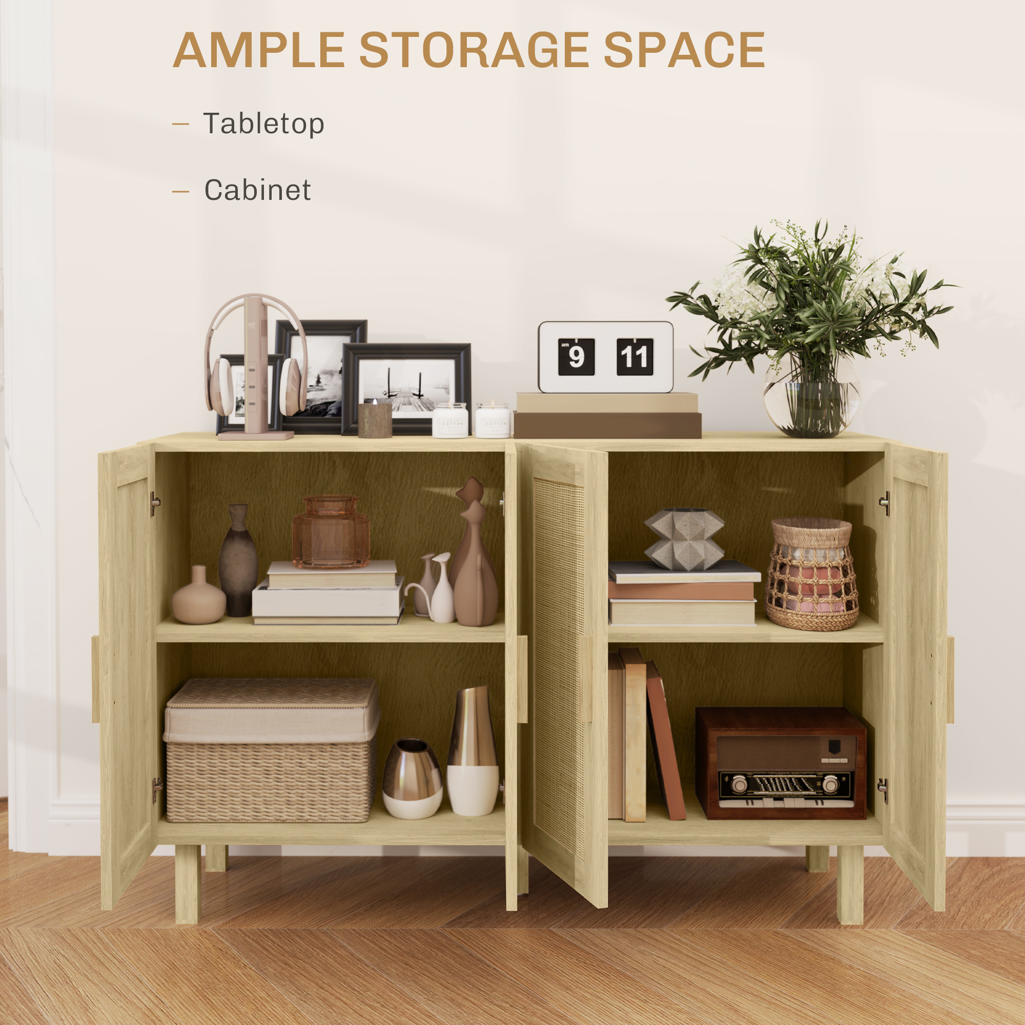 Boho Sideboard Buffet Cabinet, Storage Cabinet with 4 Rattan Doors and Adjustable Shelves, Natural - Image 2