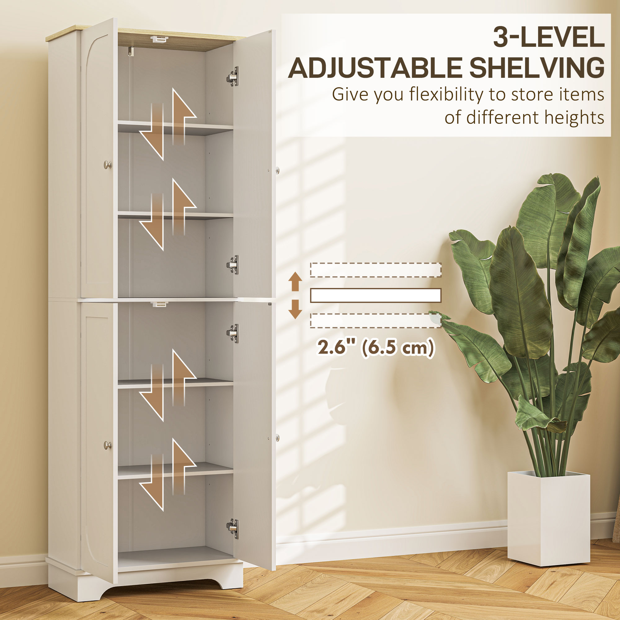 72" Tall Pantry Cabinet, Kitchen Pantry Cabinet with Adjustable Shelves, Storage Cabinet with 4 Doors, White - Image 4